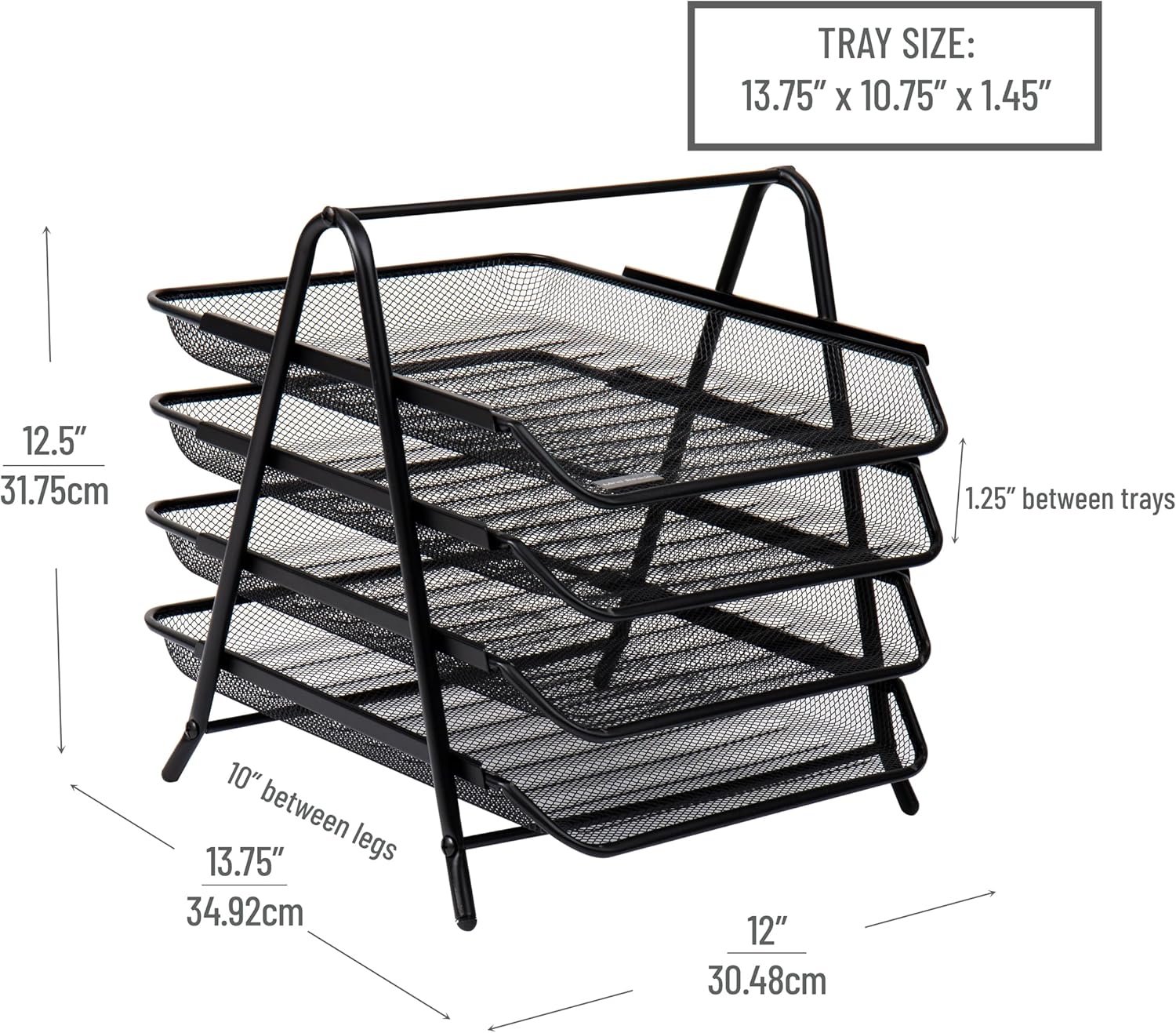 Mind Reader 4-Tier Paper Tray, Desktop Organizer, File Storage, Office, Metal Mesh, 12" L x 13.75" W x 12.5" H, Pack of 2, Black