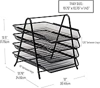 Vista 3 de Mind Reader Bandeja de papel de 4 niveles, organizador de escritorio, almacenamiento de archivos, oficina, malla metálica, 12 pulgadas de largo x