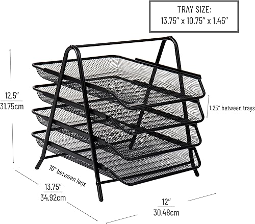 Miniatura 3 de Mind Reader Bandeja de papel de 4 niveles, organizador de escritorio, almacenamiento de archivos, oficina, malla metálica, 12 pulgadas de largo x