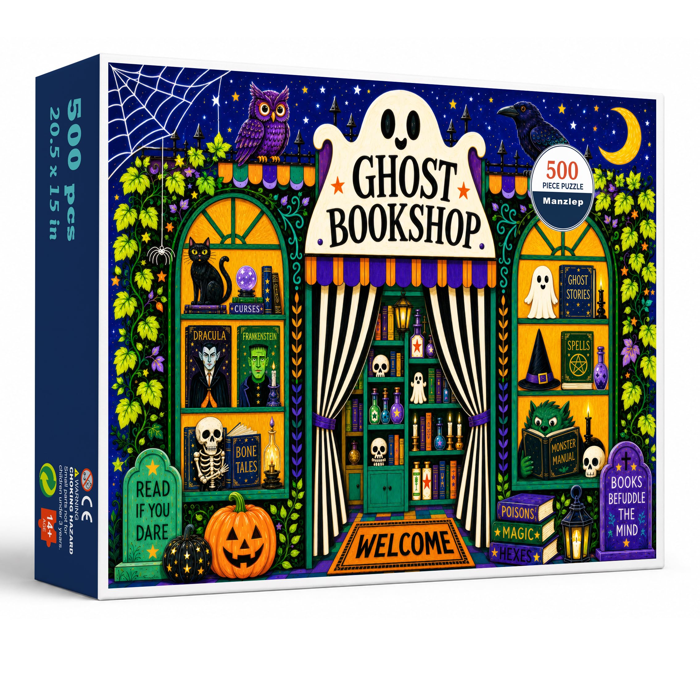 Manzlep Halloween Ghost Bookshop 500 Piece Puzzle for Adults