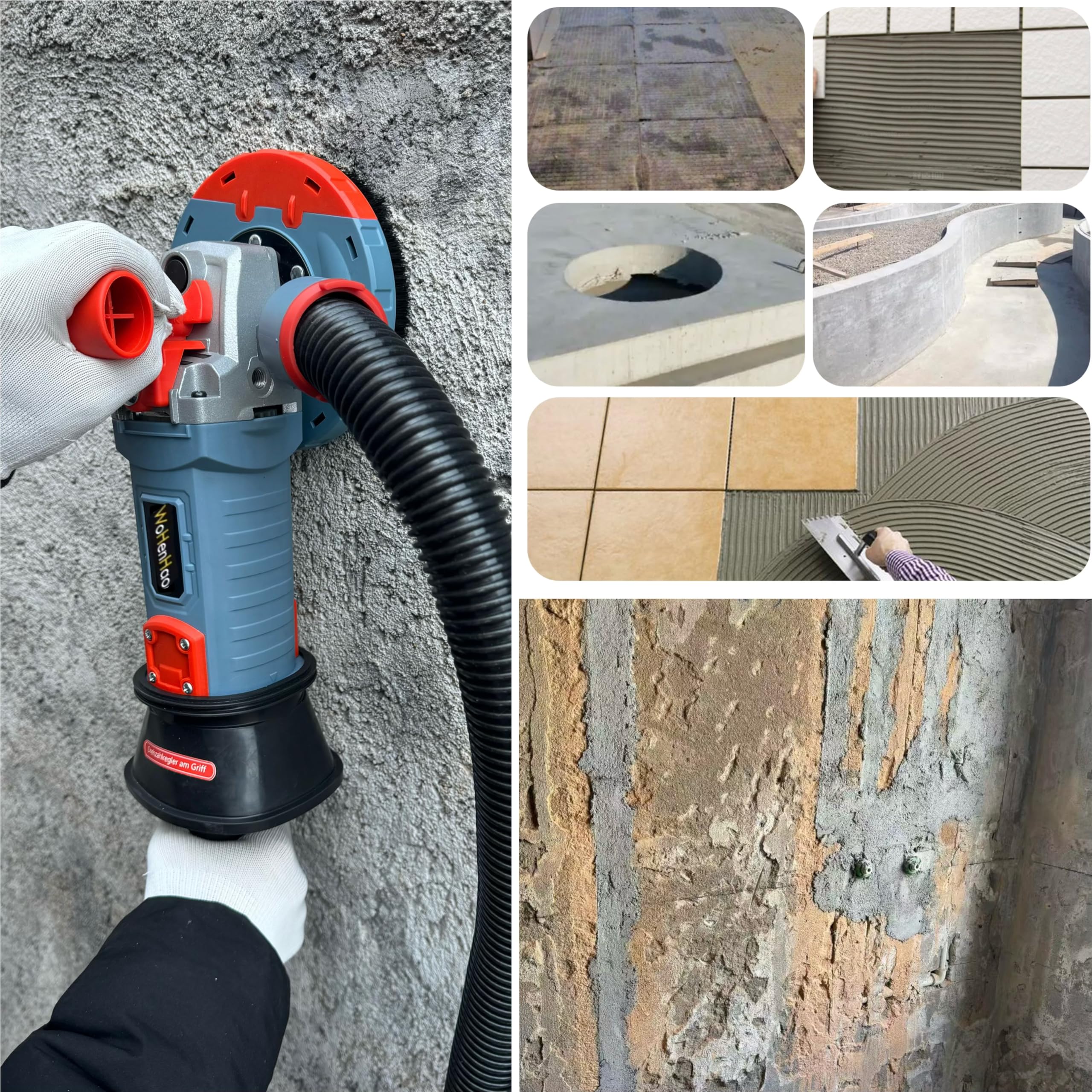 Wohenhao 5-calowy betonowy strugarka do betonu 1500 W, z dzwonkiem odpylającym i diamentowym kołem, maszyną do usuwania winylu i klejem do płytek (z 2 kółkami)