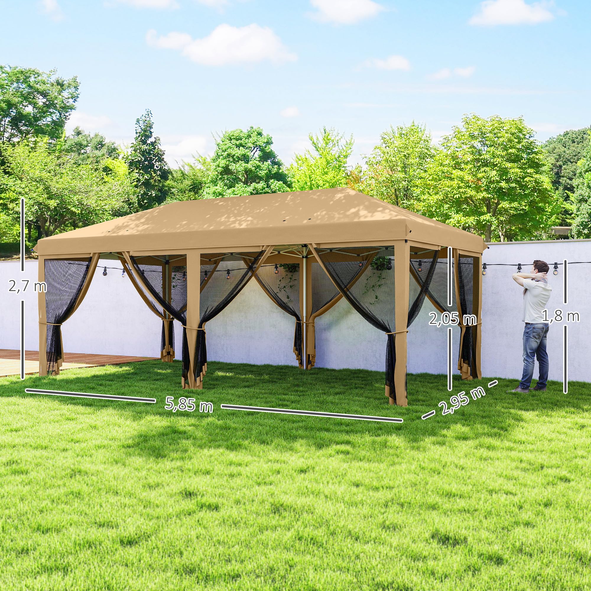 Outsunny Tonnelle Pliante tonnelle de Jardin extérieure Barnum Pliant Pop-up pavillon de terrasse 6 x 3 m Anti-UV moustiquaires Amovibles + Sac de Transport Beige