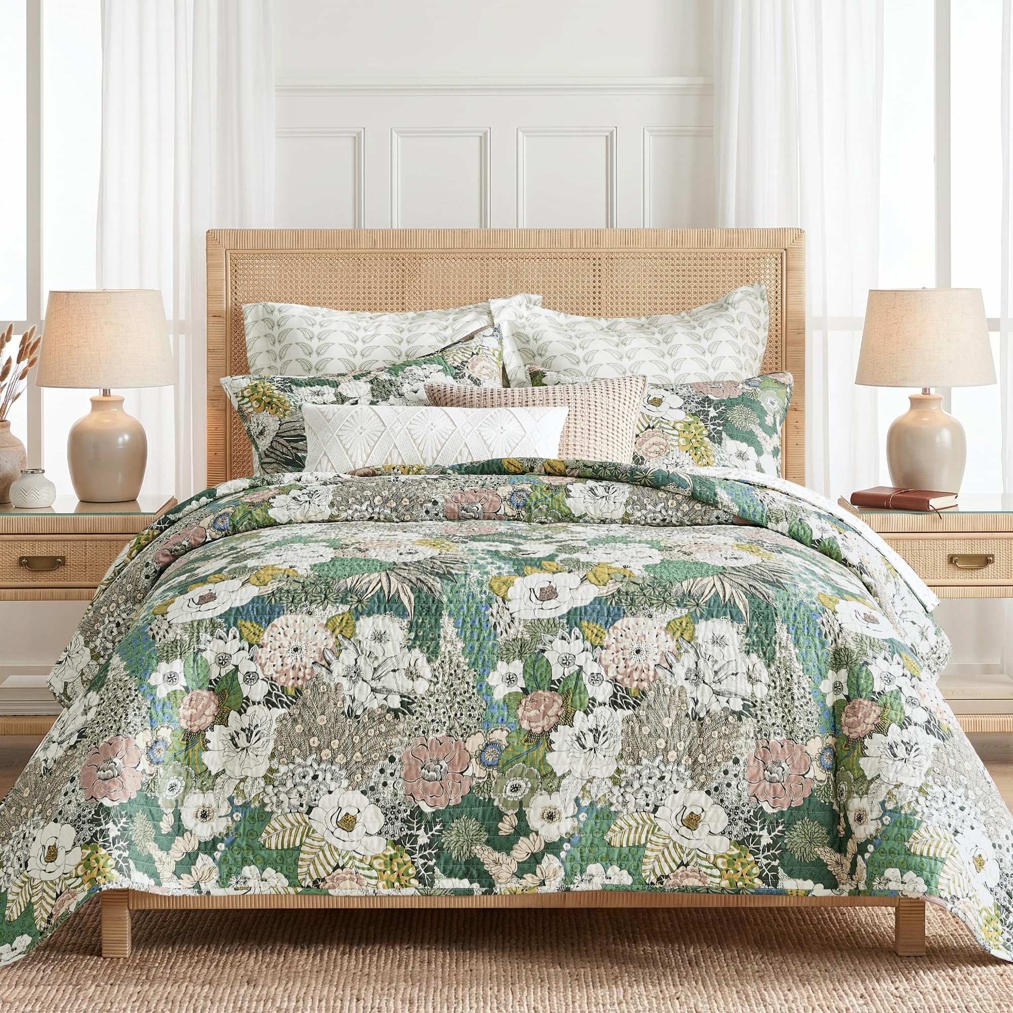 Photo 1 of Levtex Home - Bettina Quilt Set - Full/Queen Quilt and Two Standard Shams - Floral - Teal, Blue, Green, Mauve, Cream - Quilt (88x92in.) and Shams (20x26in.) - Reversible - Cotton