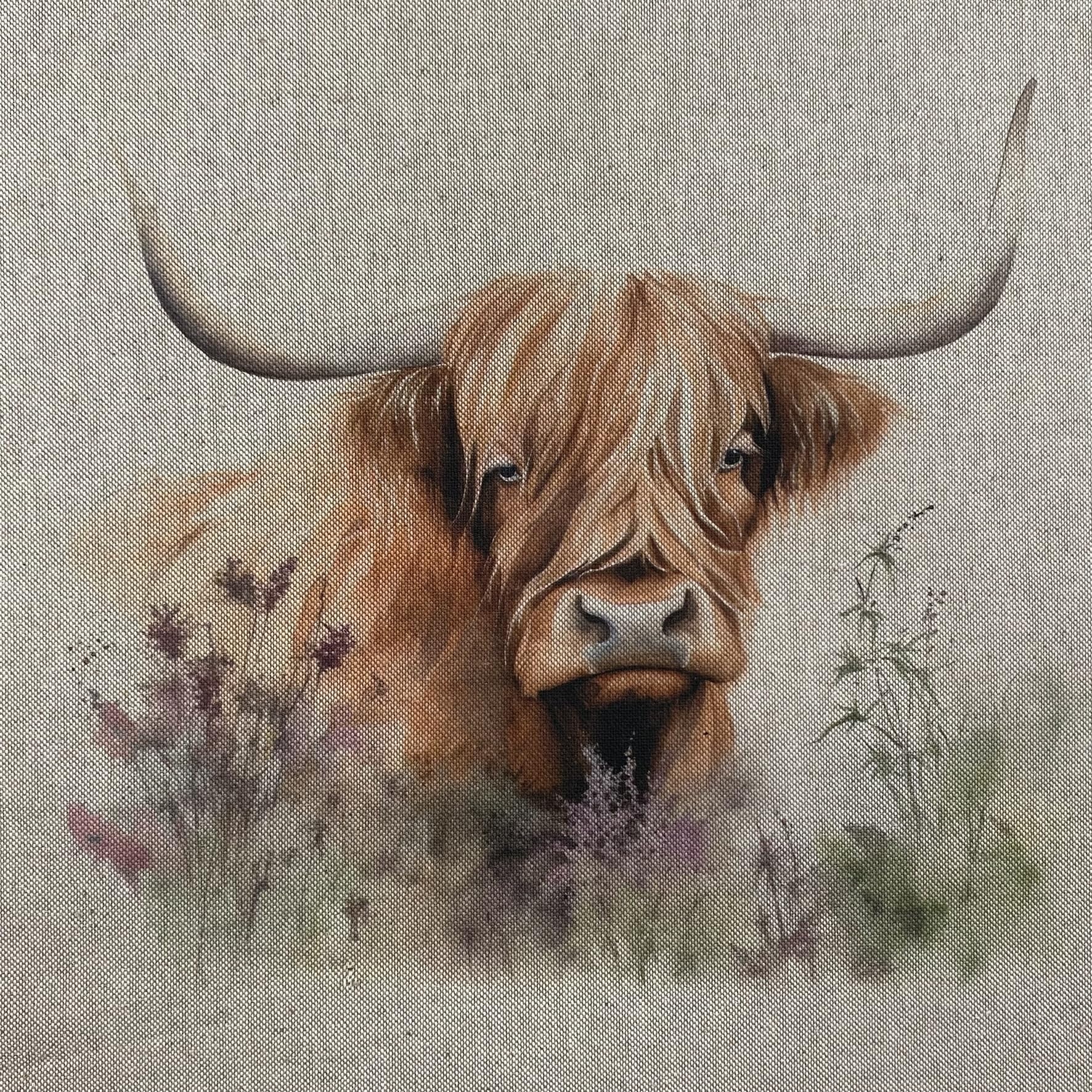 Highland Cow - Linen Look Digital Print Fabric Panel 18” Square 45cm - Per Panel - Select Design (Design 4)