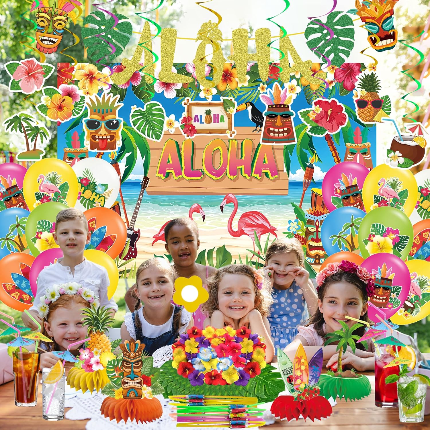 DMIGHT 101PCS Hawaiian Themed Party Decorations Set, Tropical Beach Aloha Summer Party Supplies, Including Backdrop, Table Skirt, Honeycomb Centerpieces, Balloons for Luau, Tiki Birthday Party
