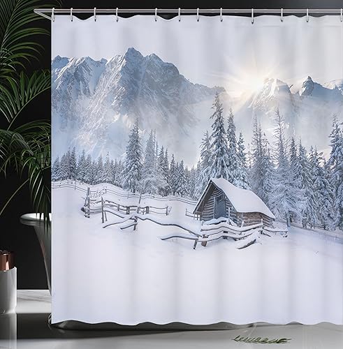 Miniatura 55 de Ambesonne Cortina de ducha de Navidad, estilo retro, palabras de deseos de Navidad con forma de árbol con adornos, juego de decoración de baño de