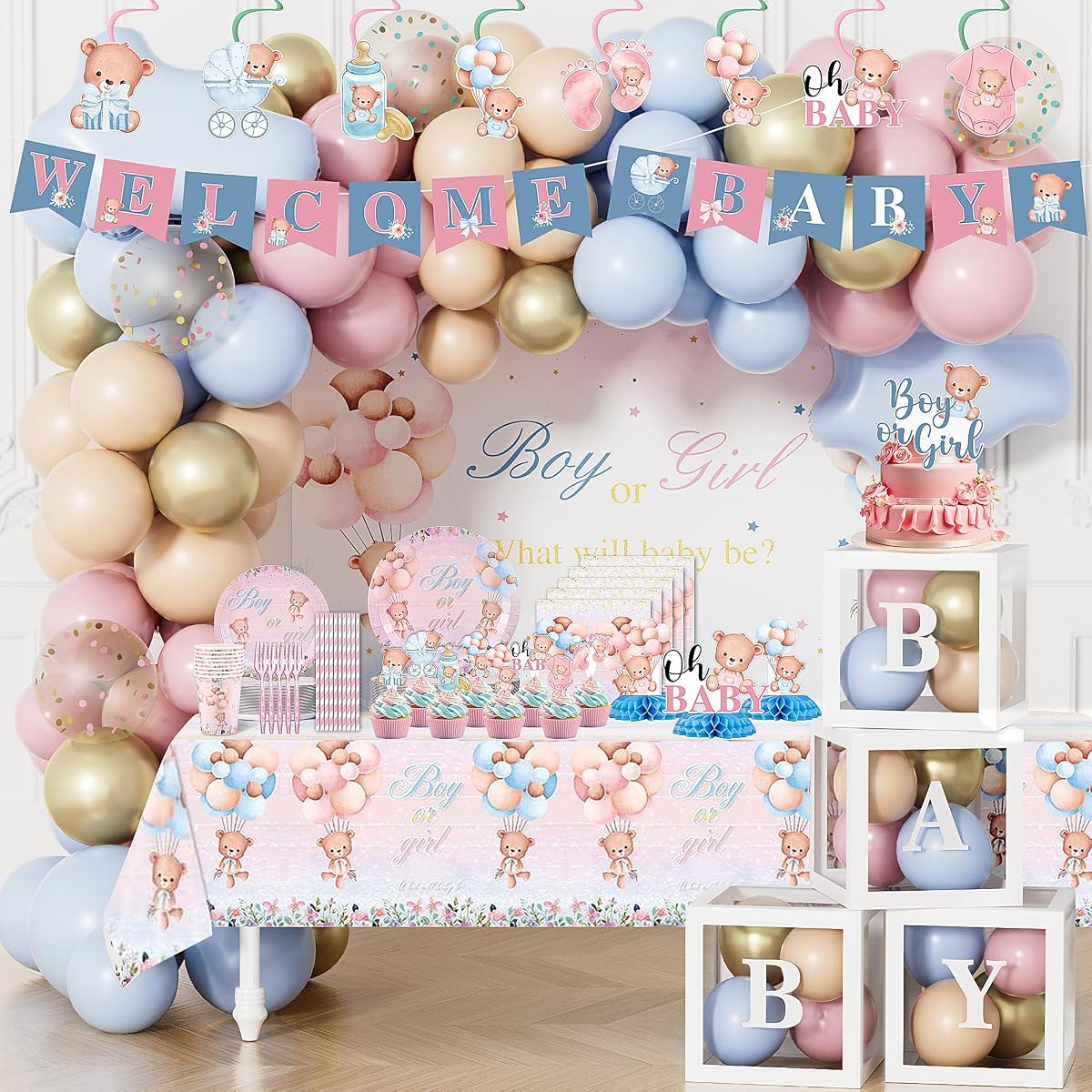 Baby Gender Reveal Decorations, 309pcs Boy or Girl Gender Reveal Decor Kit Backdrop Banner Plates Napkins, Pink and Blue Balloons Arch, Bear Baby Shower Decorations Party Supplies