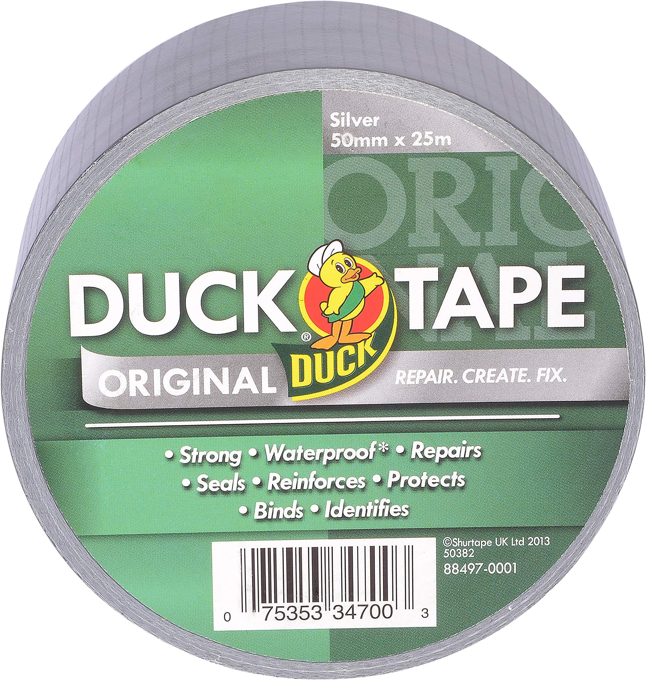 Duck Tape Original Silver, 50 mm x 25 m. The original high strength waterproof gaffer and duct adhesive cloth repair tape