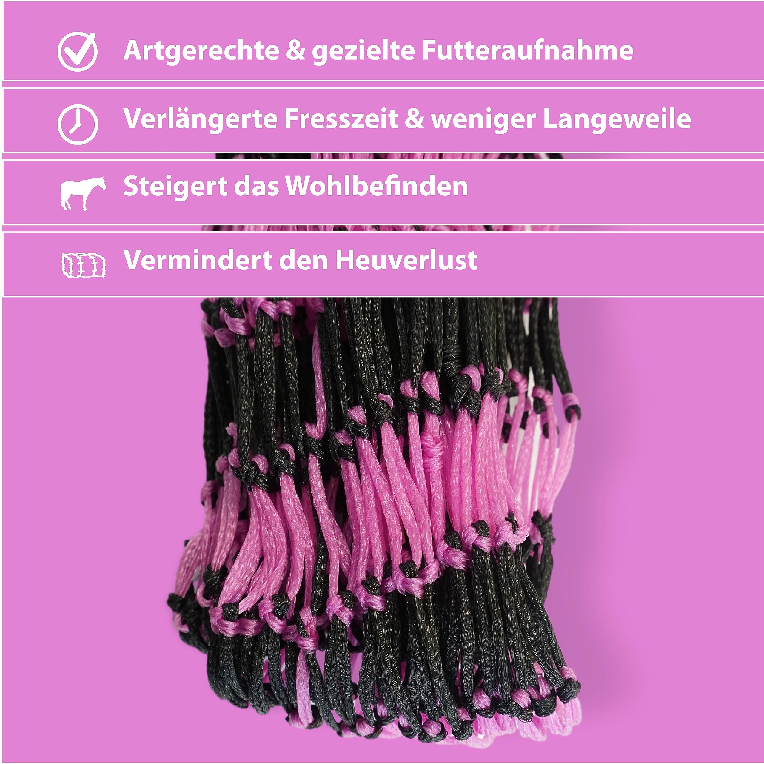 Extra großes Heunetz für Pferde 5 x 5 cm Maschen artgerechte Fütterung verbesserte Verdauung Heusack für unterwegs Futtersack für Ponys Jungpferde alte Pferde Ziegen (Schwarz-Pink, 2)