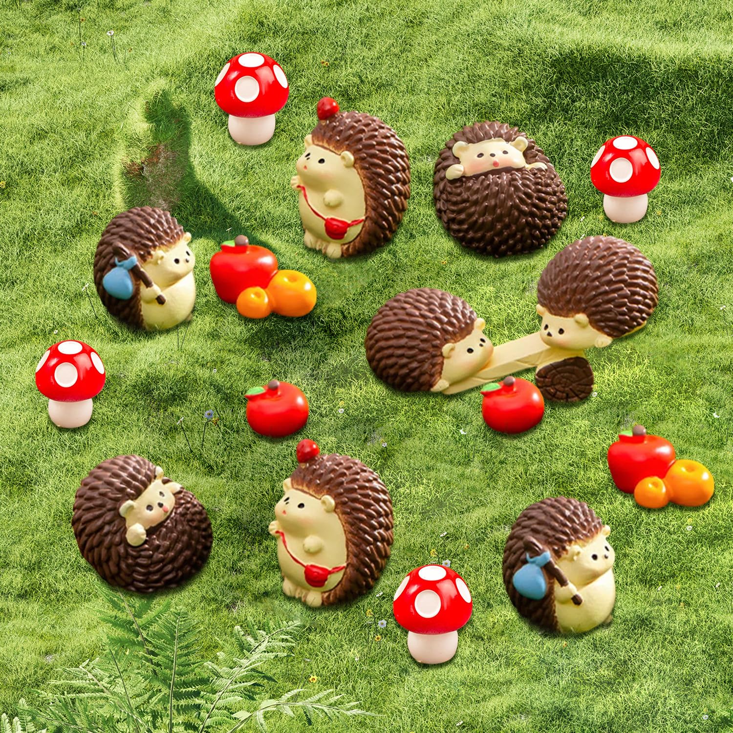 17Pcs Fairy Garden Accessories, Fairy Garden Ornaments Outdoor, Mini Resin Mushrooms Hedgehog Apple Fairy Ornaments