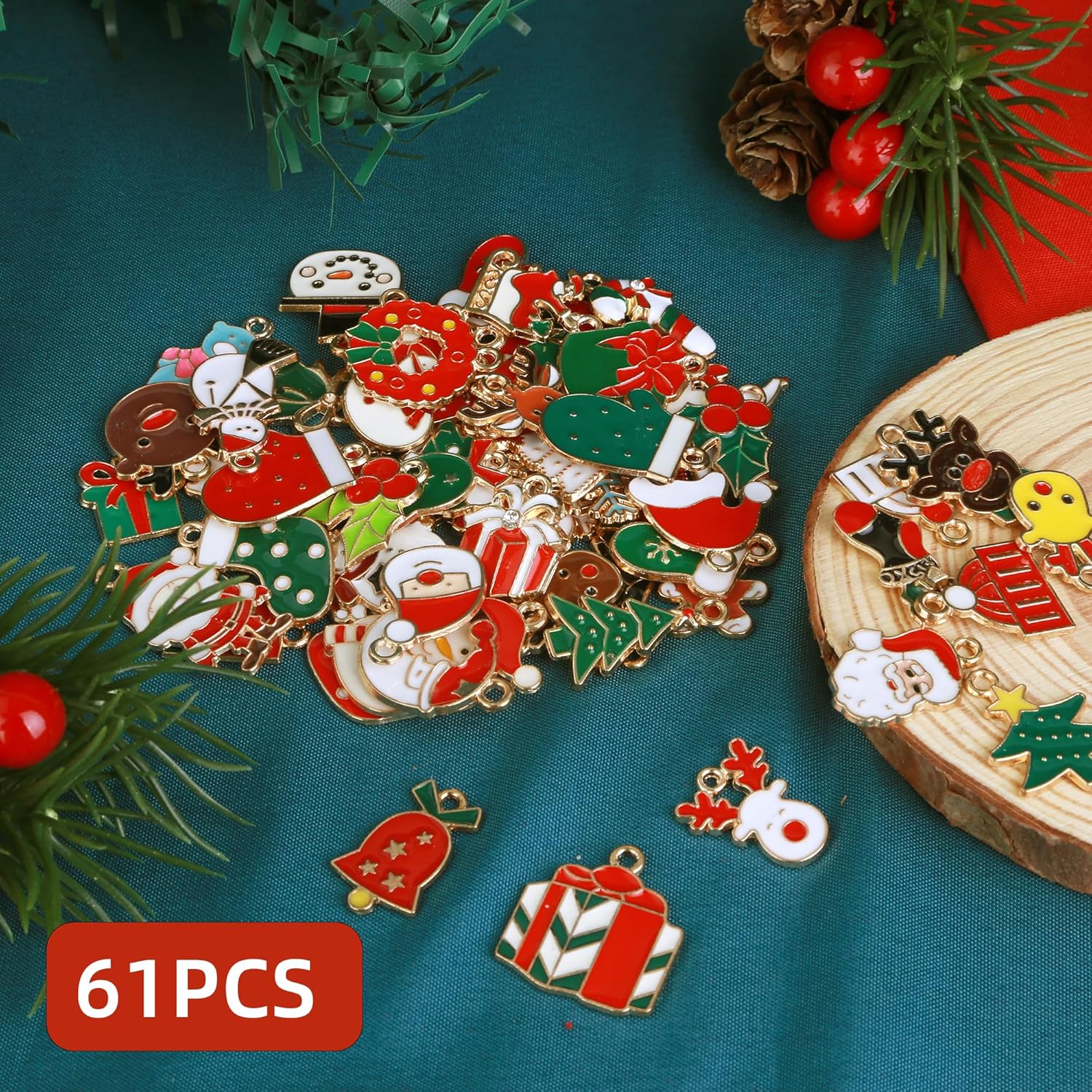 Christmas DIY Jewelry Making Charms: 61pcs Little Cute Assorted Gold Enamel Pendants for Xmas Earring Making, Necklace Decorations, Bracelet Ornaments, Key Dangle, Keychains Small Embellishments - Image 3
