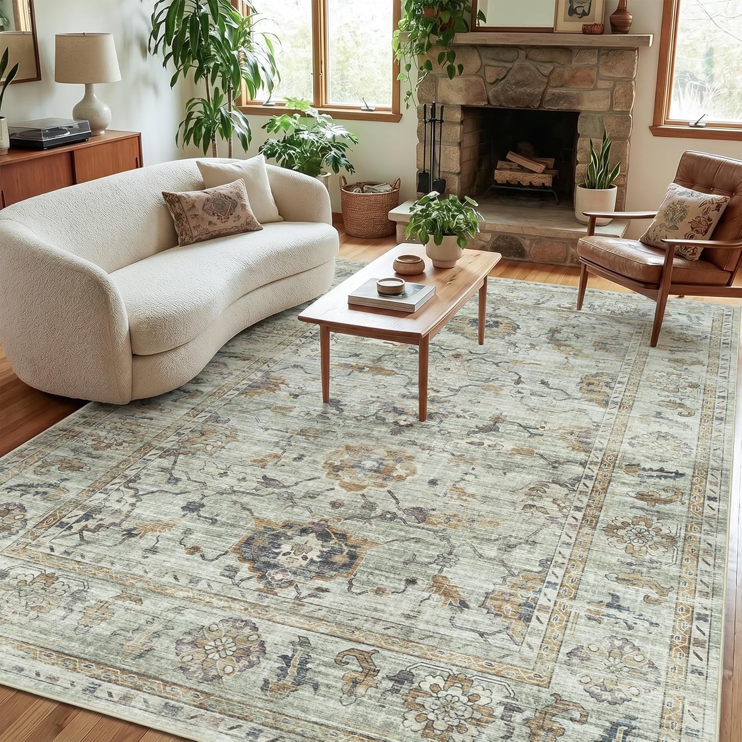 Washable Rugs 5x7 Area Rugs for Living Room,Rug for Bedroom, Vintage Distressed Non-Slip, Ultra Soft Faux Wool Carpet for Dining Room, Sage Green Gray Soft Gold Neutral for Home Office Décor