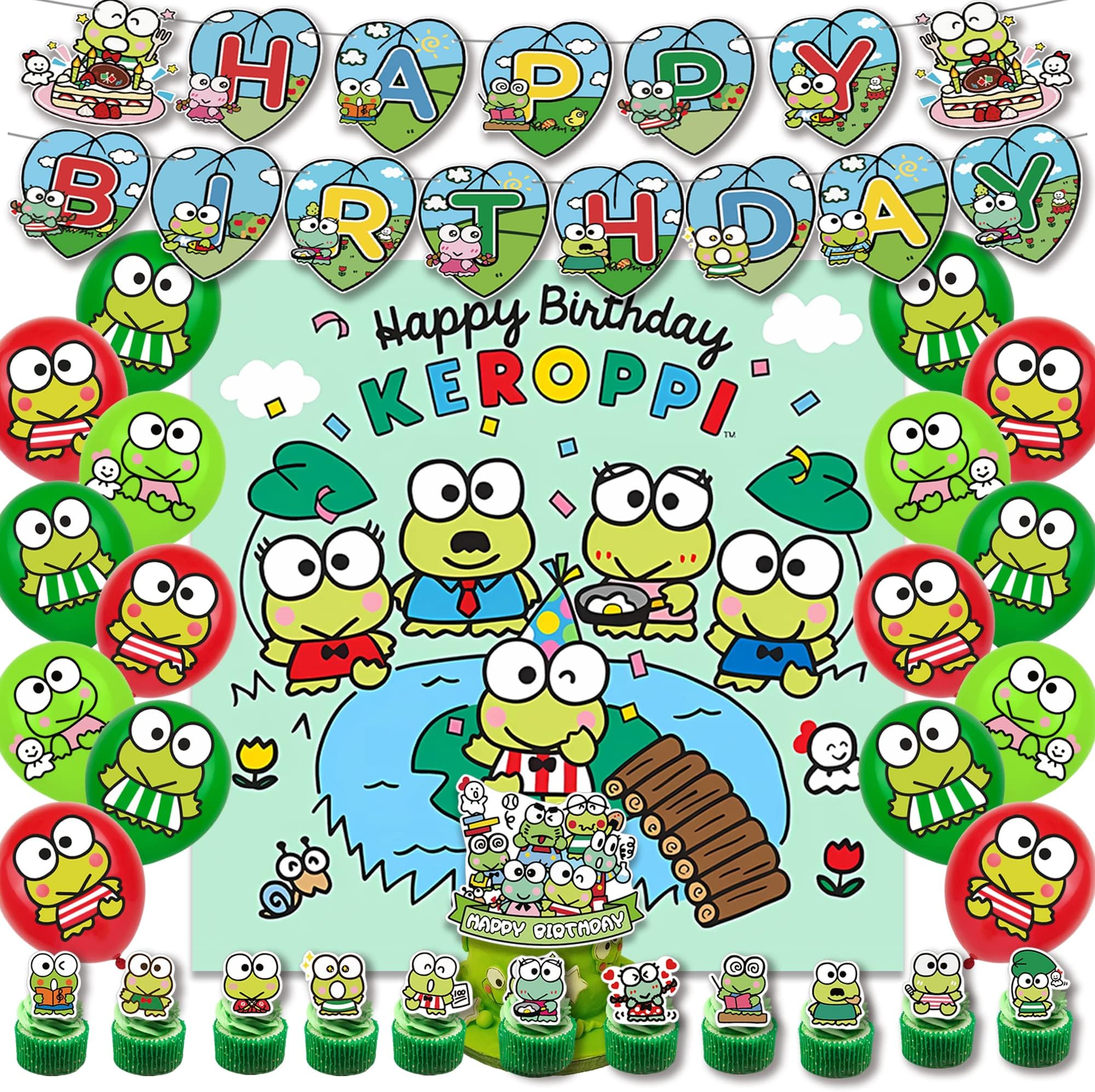 Kawaii Frog Themed Birthday Party backdrop Decoration Cute Big Eyed Frog Party banner Balloons Supplies for Kids Birthday Cake Toppers