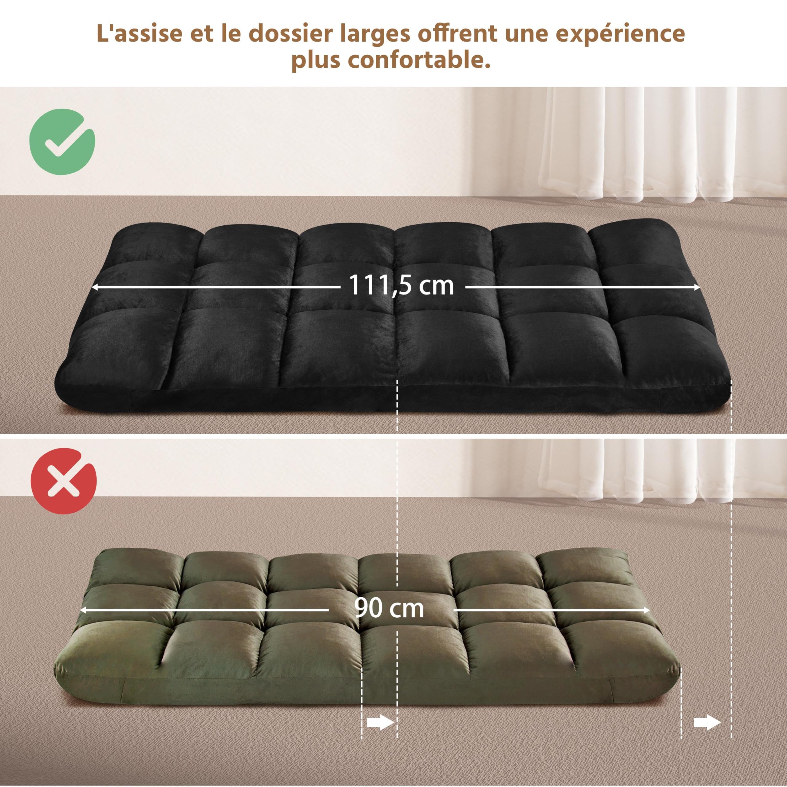 Yaheetech Fauteuil de Sol Pliable Paresseux Tatami Chaise de Sol Dossier Multiposition Fauteuil Bas Convertible pour Salon Maison Bureau Noir