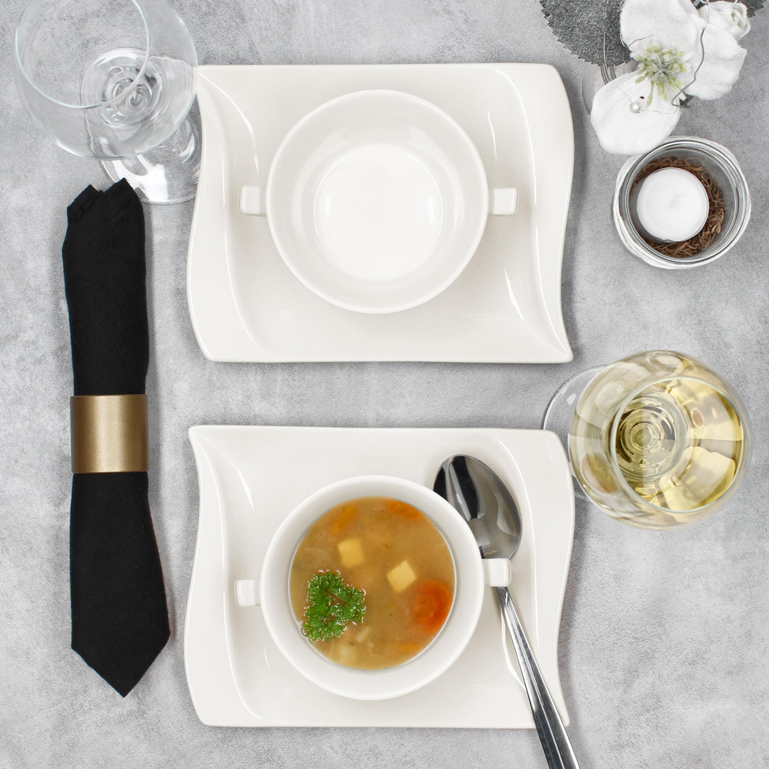MamboCat 6er Set Ivory Suppentasse 200 ml mit Untertassen I elfenbeinweiße Porzellan-Suppenterrine mit rechteckigen Untertassen für 6 Personen