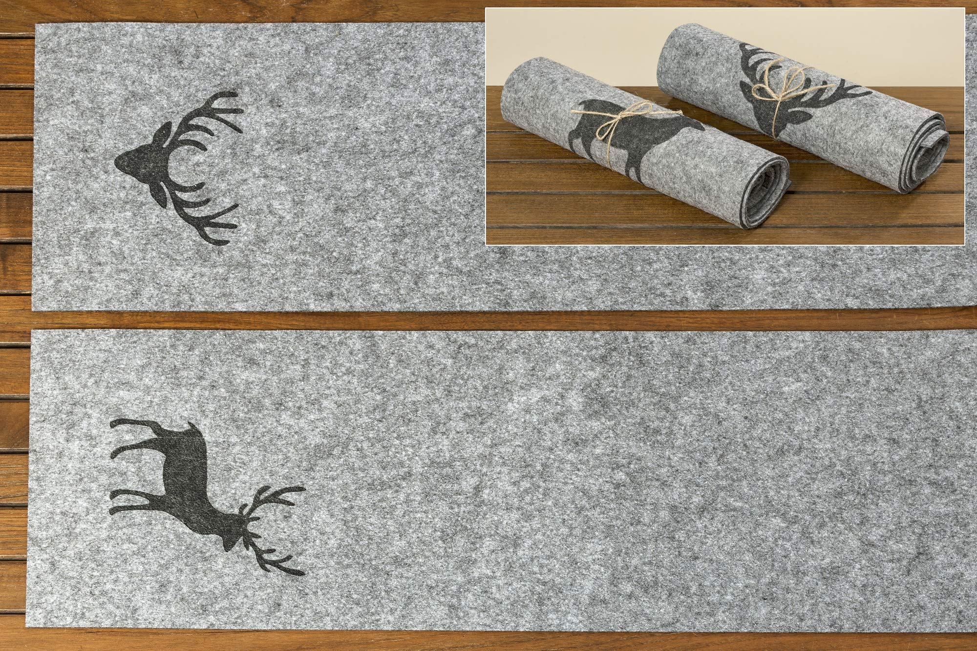 B.o.l.t.z.e 1 x Tischläufer Tjark Filz grau 118 x 30 cm, Tischdeko, Table Runner, Hirsch (Ganzer Hirsch unten (Stückpreis)) Küche, Haushalt & Wohnen