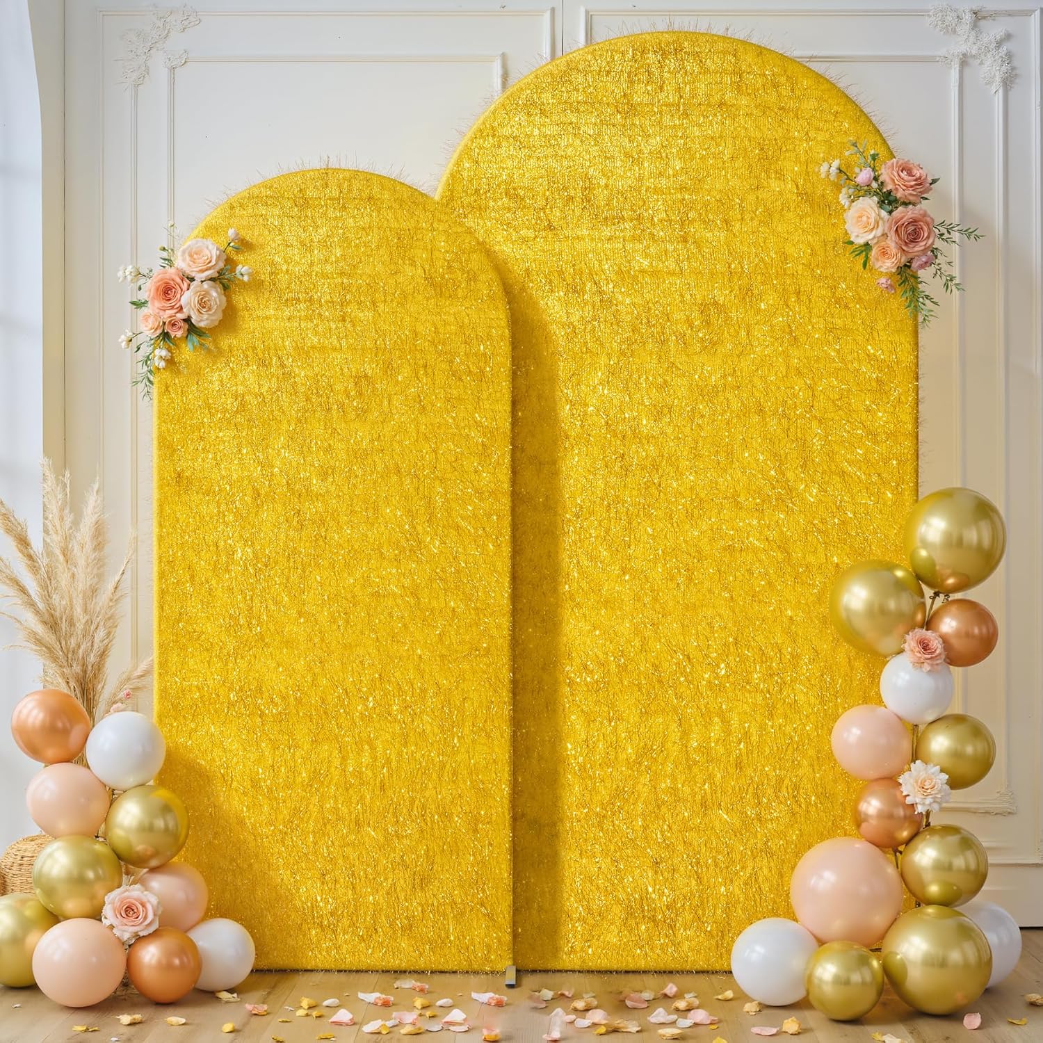 Set of 2 Gold Arch Backdrop Cover 6.6ft 5ft, Dual-Sided Metallic Sparkle Tassel/Spandex Balloon Arch Cover, Round Top Chiara Backdrop Stand Cover for Wedding, Birthday Party, Baby Shower, Prom Decor