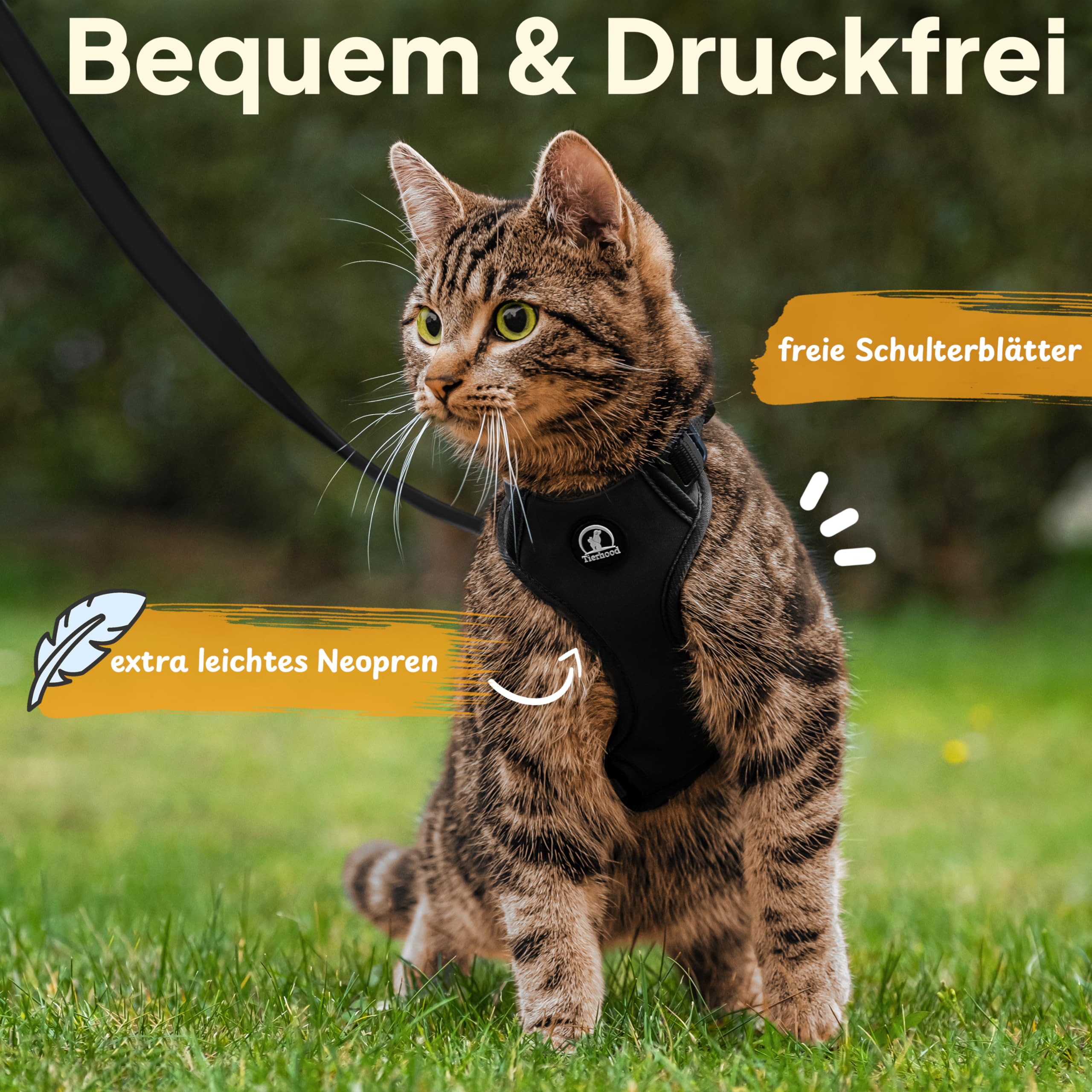 Tierhood Katzengeschirr mit Leine [Neue, LEICHTE Version] - Katzenleine mit Geschirr für Katzen und Kitten - Katzen Geschirr Set mit Leine - Kontrollierte Freiheit - Schwarz, Größe S