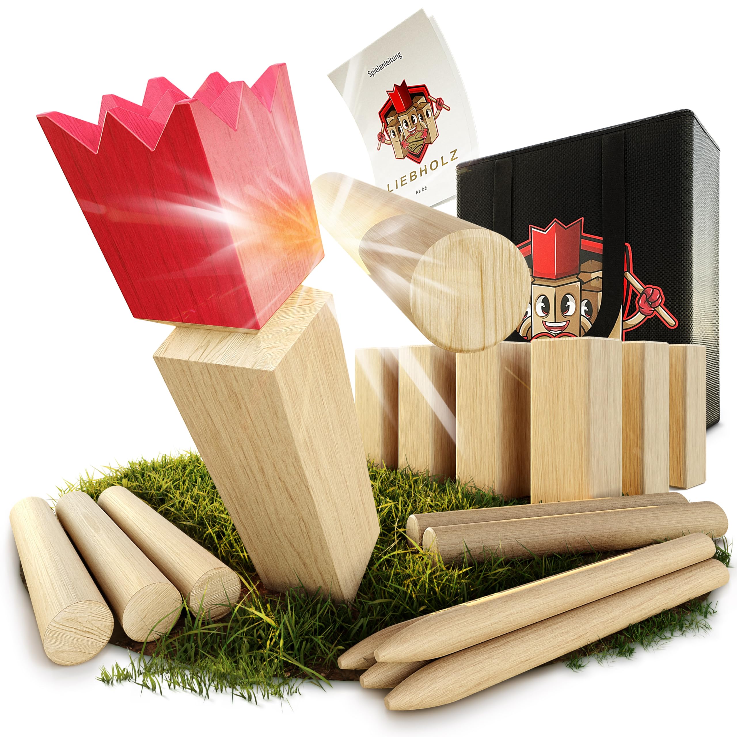 Premium Kubb Wikinger Wurfspiel [TESTSIEGER] inkl. Tragetasche & Spielanleitung - Original Schwedenschach aus nachhaltigem FSC Gummibaumholz - Robustes XXL Kubb Wikingerspiel für draußen