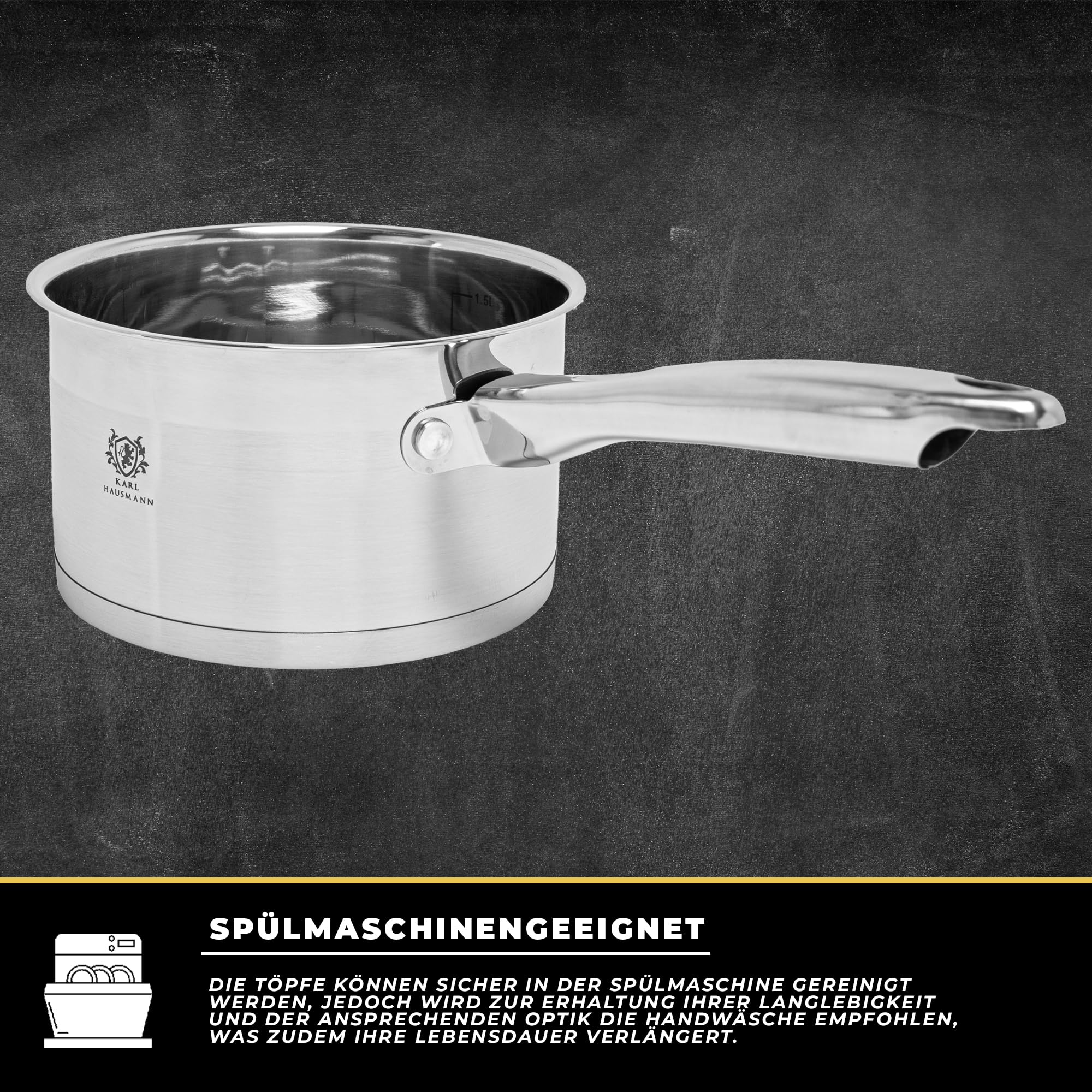 KARL HAUSMANN Topfset Induktion aus Edelstahl, 8-teilig, mit Stieltopf | Töpfe set 1.9-6.1 L, 4 Glasdeckel mit Dampföffnungen, Innenskalen, außen gebürstet, Kochtopf innen glänzend