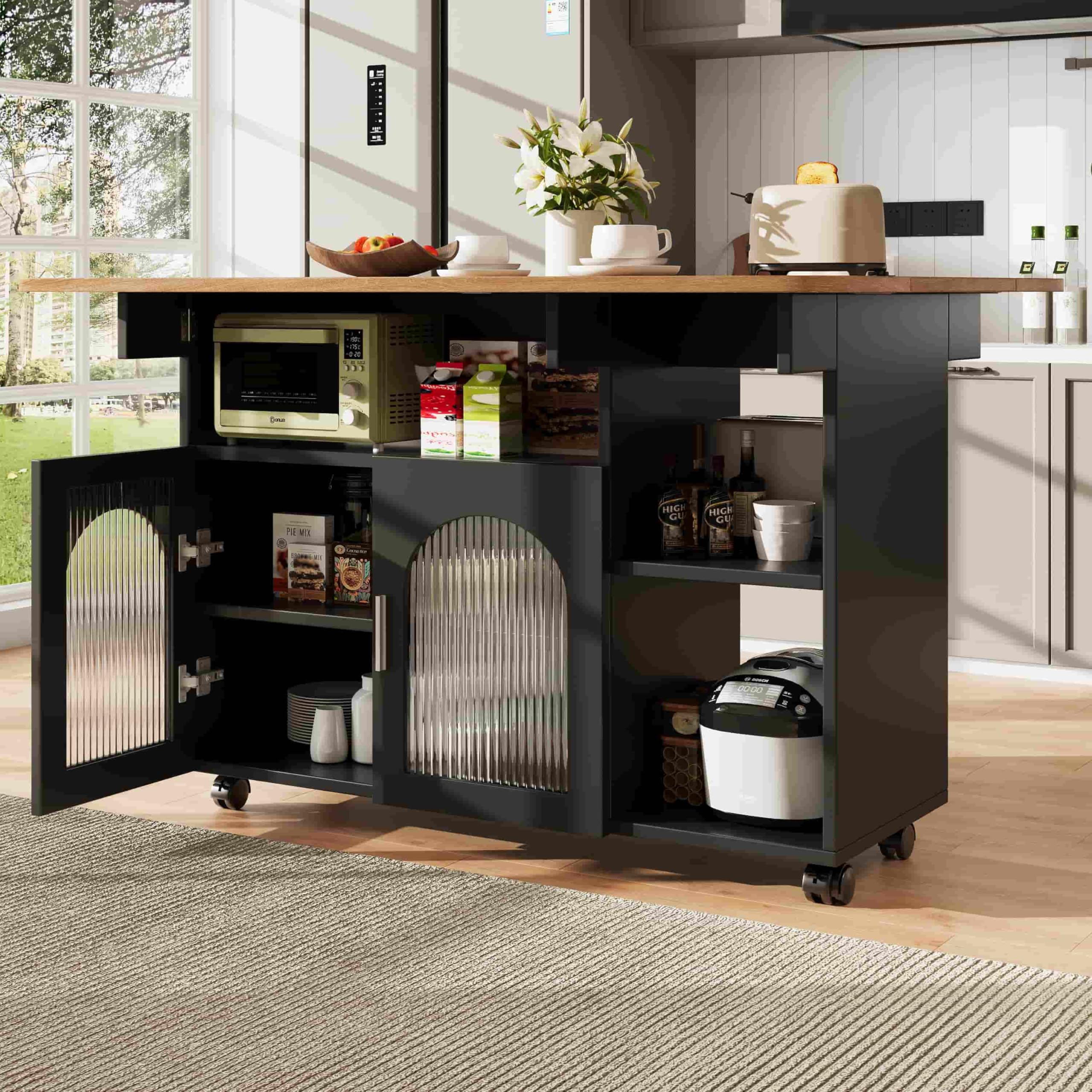 Sweiko Îlot de Cuisine Multifonction avec Rangement, Meuble de Rangement Design en MDF, Étagères Ouvertes et Placards Fermés, Mobilité avec roulettes pour Salon, Cuisine ou Salle à Manger (Noir+Bois)