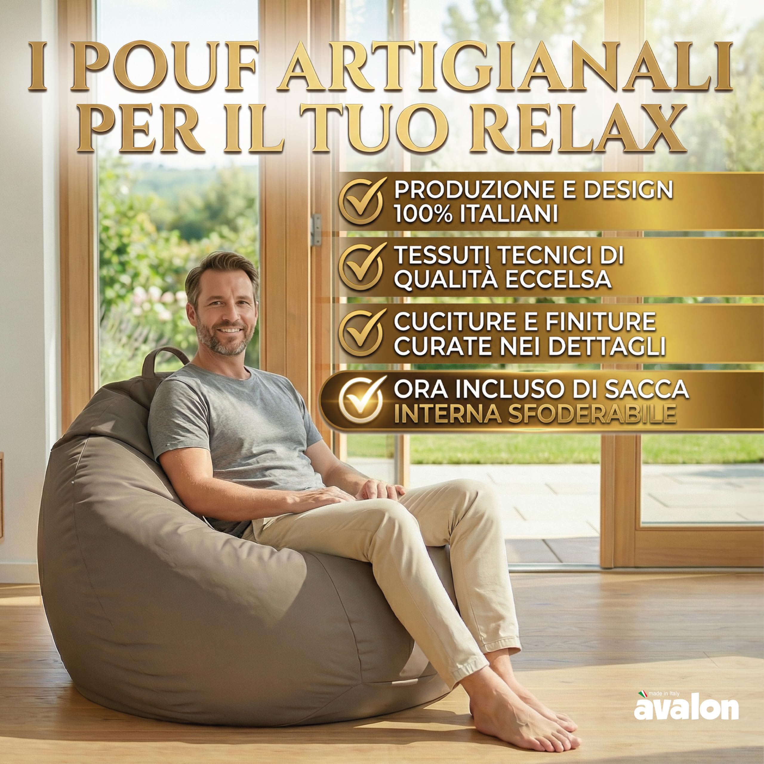 Avalon - Puff Poltrona Sacco Grande SOFTY 80×80×H75cm Sfoderabile, Pouf Sacco di Qualità Sartoriale, Bean Bag per Sedersi Ergonomico, Tessuto Antistrappo Impermeabile, Made in Italy(Tortora)