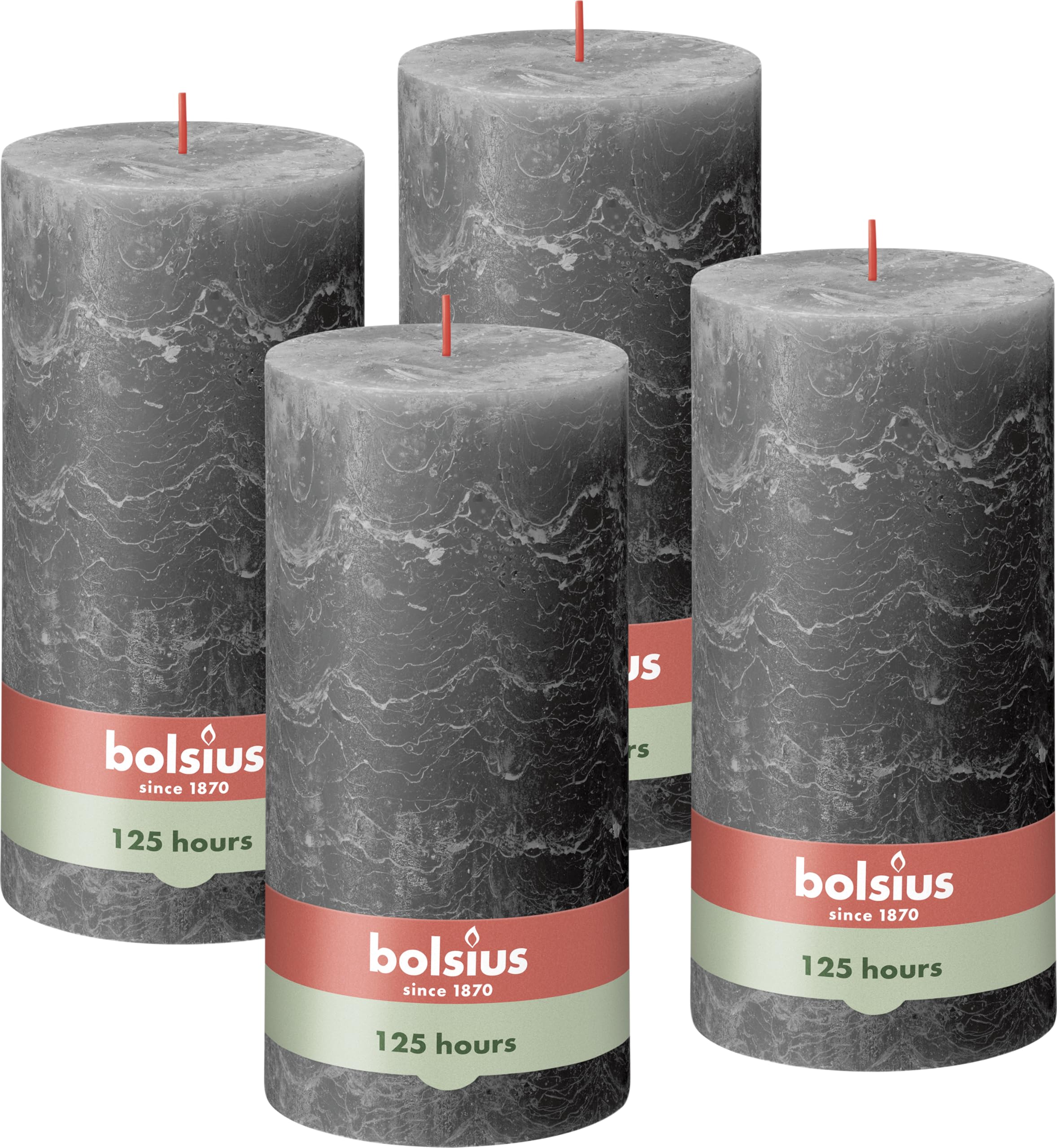 Bolsius Rustik Pillar Candle XXL, Anthracite, Set of 4, Decorative Household Candles, Long Burning Time 125 Hours, Unscented