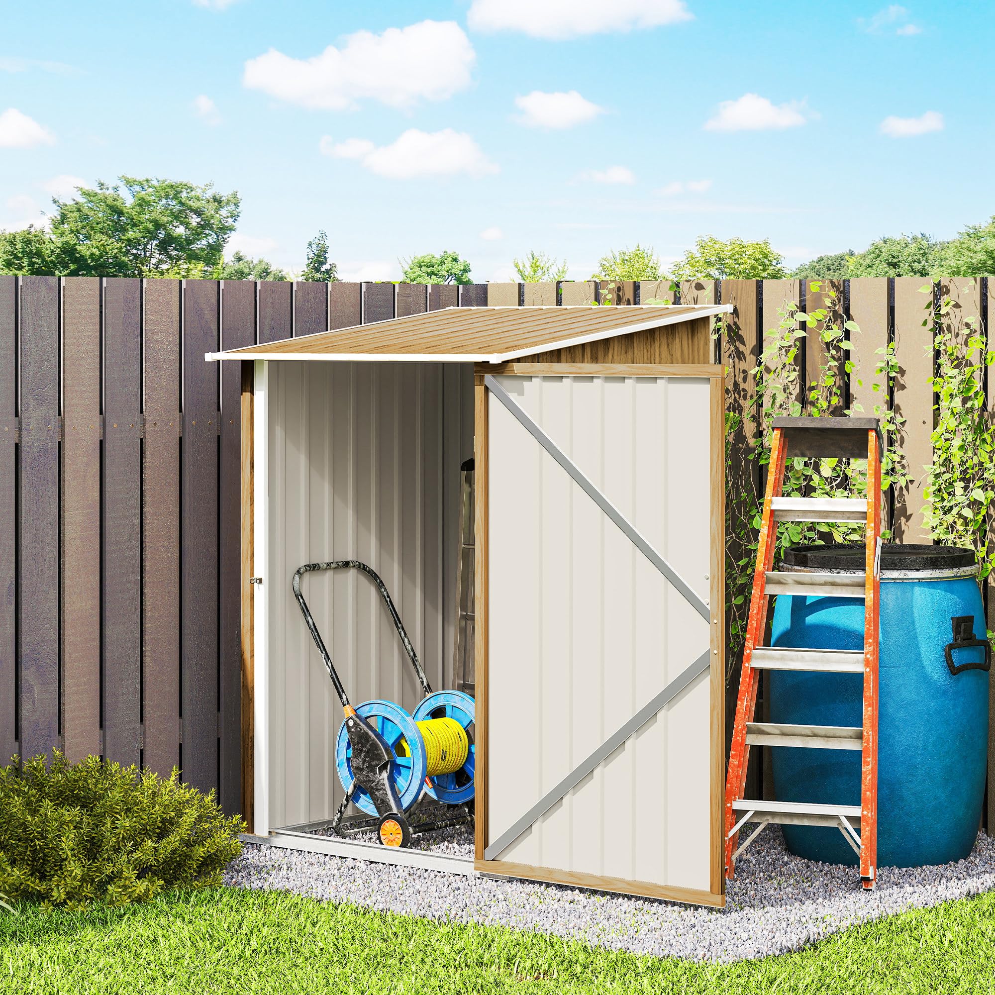 Outsunny Cobertizo de Jardín Exterior, 0,92 m², 100x103x160 cm, Caseta de Jardín Exterior Metálica con 1 Puerta y Cerradura, para Almacenamiento de Herramientas, para Patio, Terraza, Marrón Claro — view 9