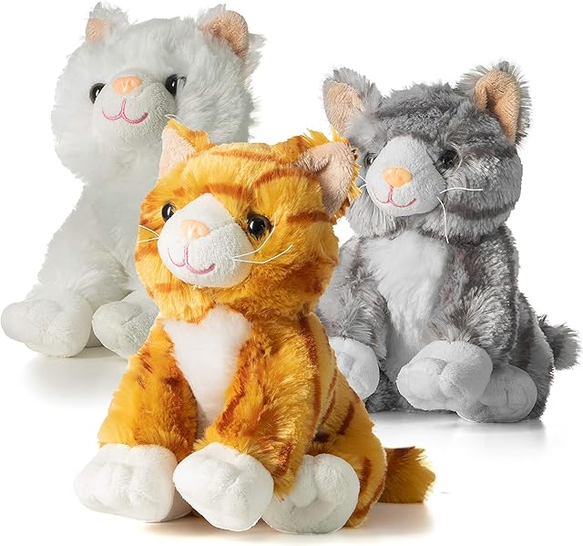 Prextex Pack of 3 Big Stuffed Animal Cats Plush - 10-inch Large Cat Toys for Kids, Cat Teddy Bear, Ginger Cat Teddy, White and Grey Cat Plushie, Cat Soft Toys for Kids