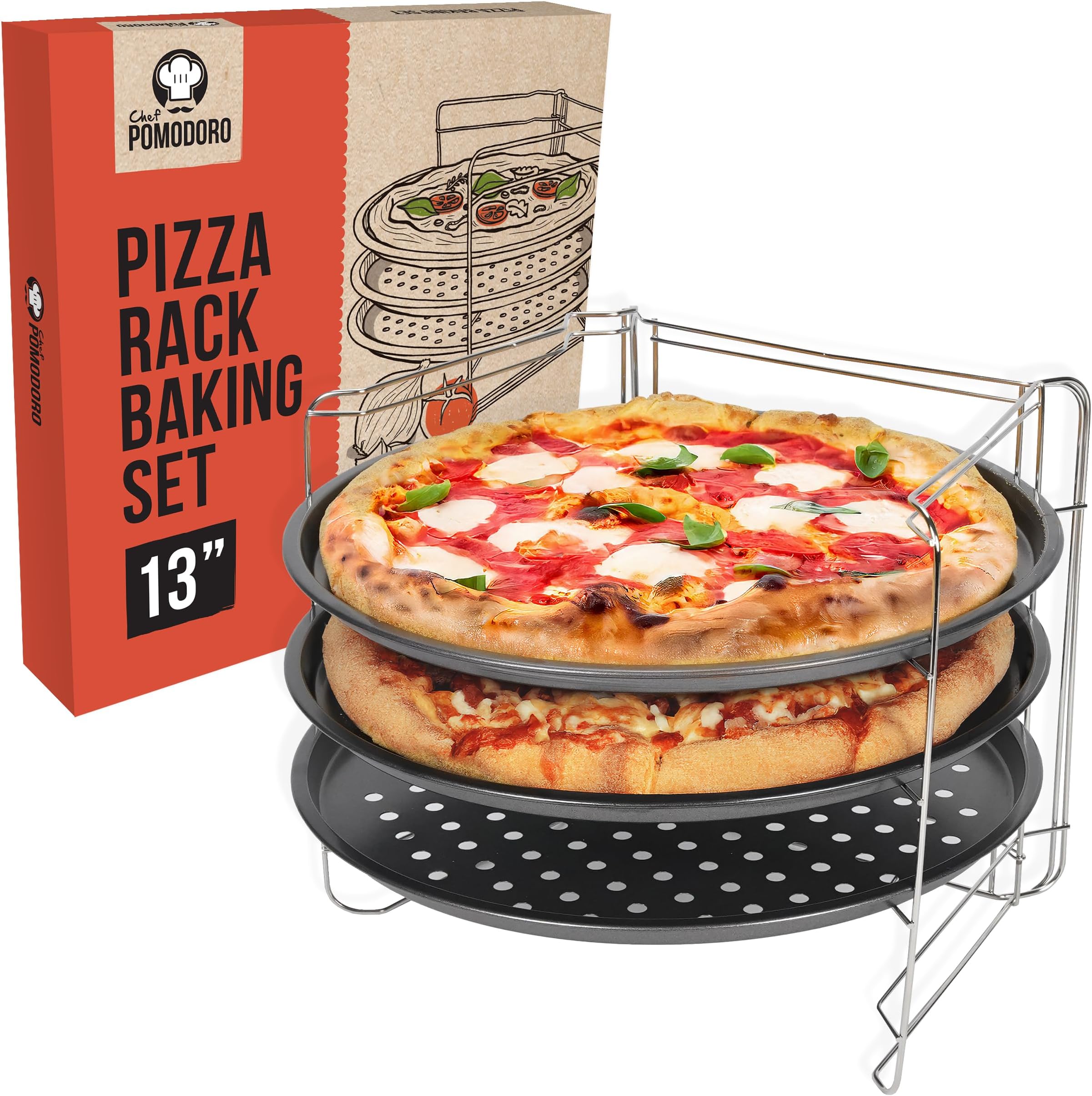 Chef Pomodoro Pizza Pan and Pizza Rack Baking Set (13-Inch Pans), Non-stick Perforated Trays for Oven or Grill, Foldable Rack Stand Accessories and Supplies for Countertop, Cooling, & Baking