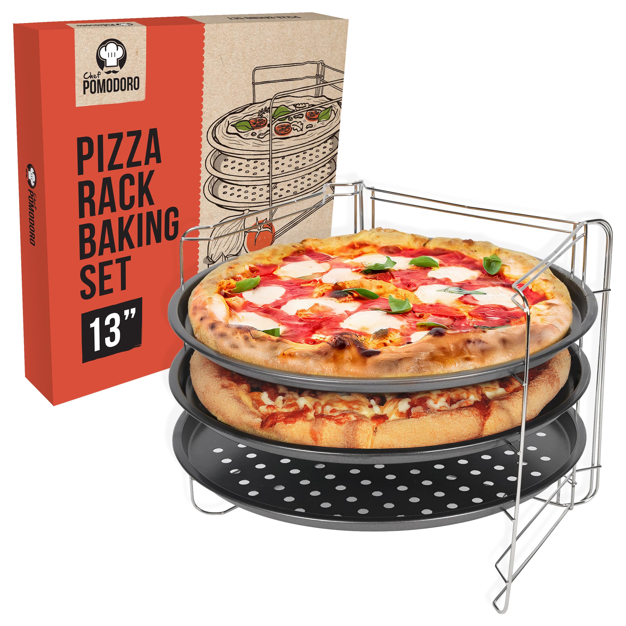 Chef Pomodoro Pizza Pan and Pizza Rack Baking Set (13-Inch Pans), Non-stick Perforated Trays for Oven or Grill, Foldable Rack Stand Accessories and Supplies for Countertop, Cooling, & Baking