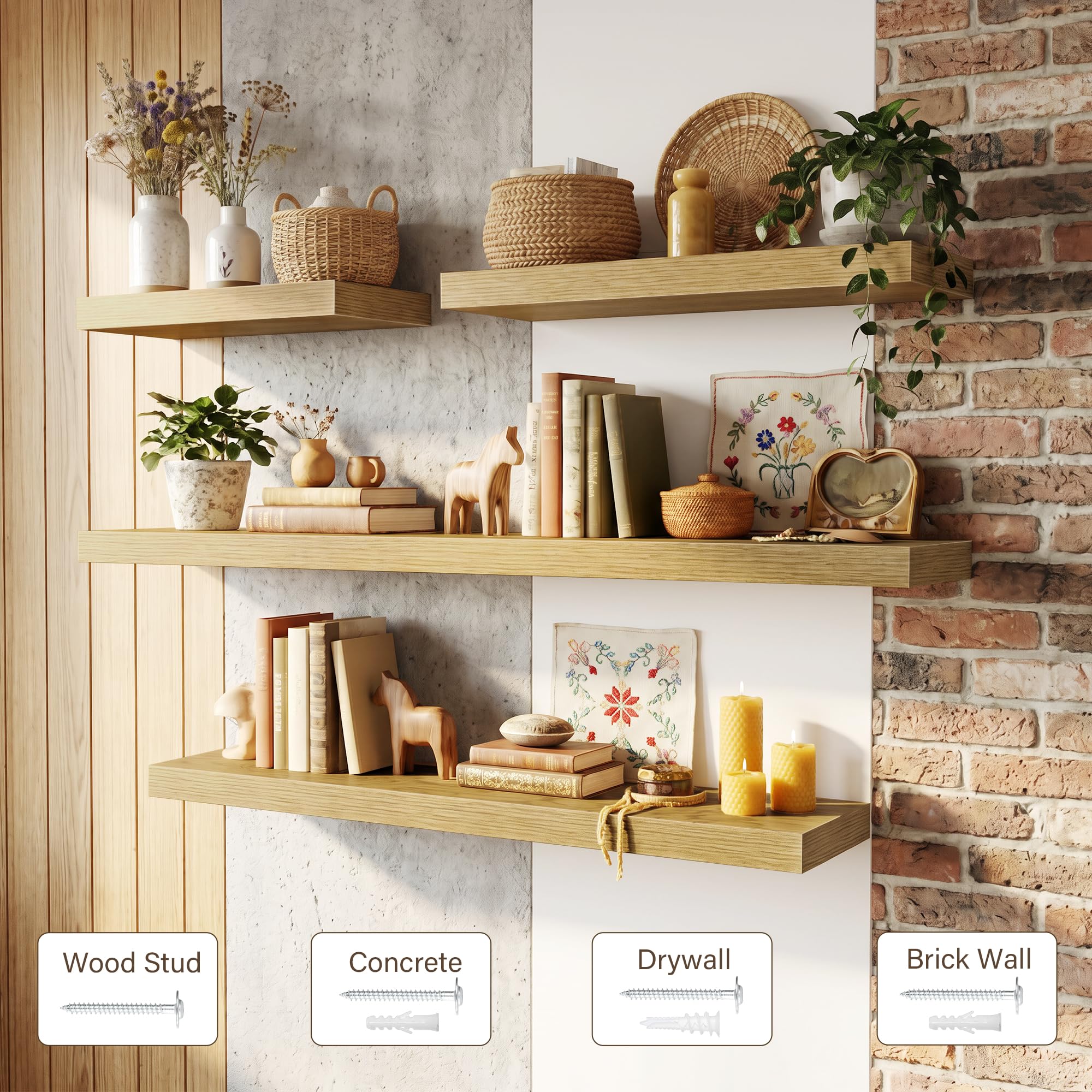 Acovy 25 cm extra Tiefe Wandregale, 100 cm langes Holz Schweberegal, Wandboard für Wohnzimmer, Bad, Schlafzimmer, Küche, Eiche, 2er-Set