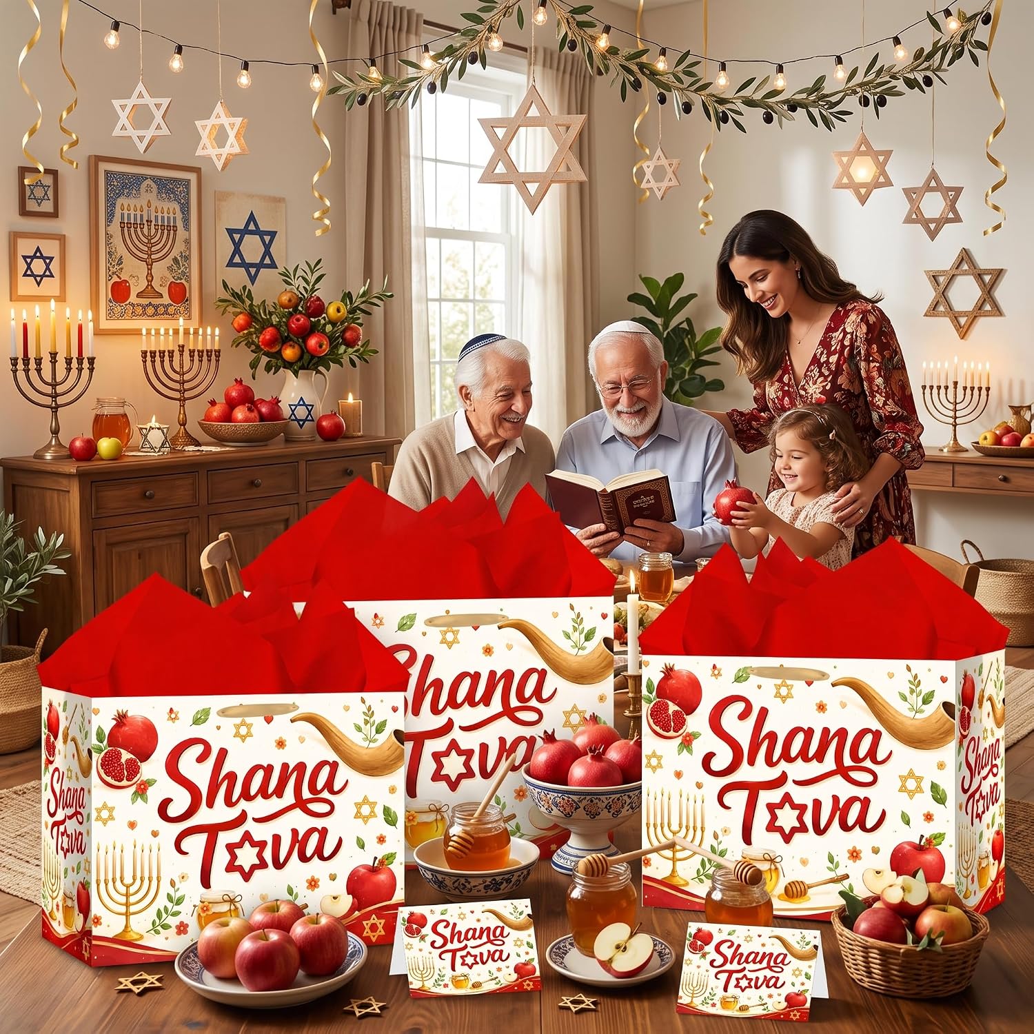 Rosh Hashanah Gift Bag Shana Tova Party Wrapping Bag with Tissue Paper Greeting Card Jewish New Year Party Favor Treat Bags for Rosh Hashanah Decorations Jewish Birthday Holiday Supplies image 4