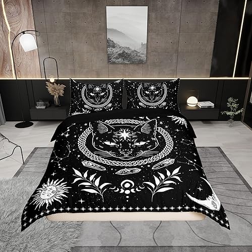 Juego de ropa de cama de animales de gato misterioso, bohemio, exótico, tribal, abstracto, arte abstracto, juego de funda de edredón para decoración