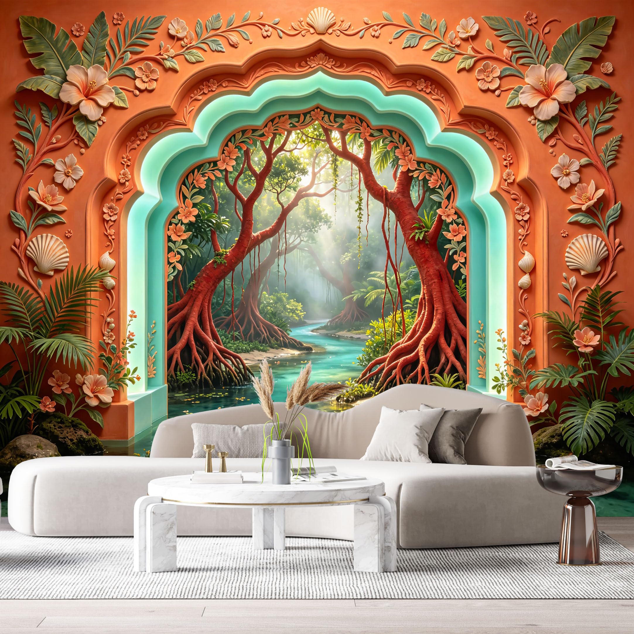 Custom Size Wall Murals Jungle Tropical Oil Painting River Lotus 3D Trompe L'Oeil SelfAdhesiveWall Fabric Removable Wallpaper Wall Decor for Living Room Bedroom Bathroom