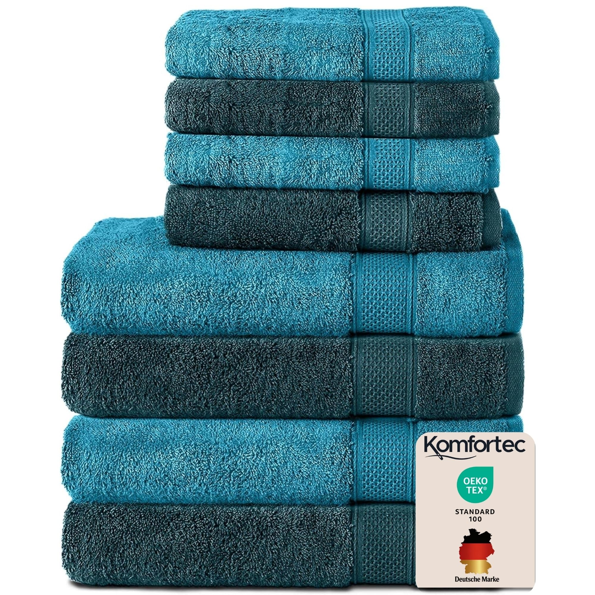 Komfortec Juego de Toallas 8 Piezas | 4 Toallas de Baño 70x140 cm y 4 Toallas 50x100 cm, 100% Algodón, Suaves y Absorbentes, OEKO-TEX, Azul Petróleo / Turquesa
