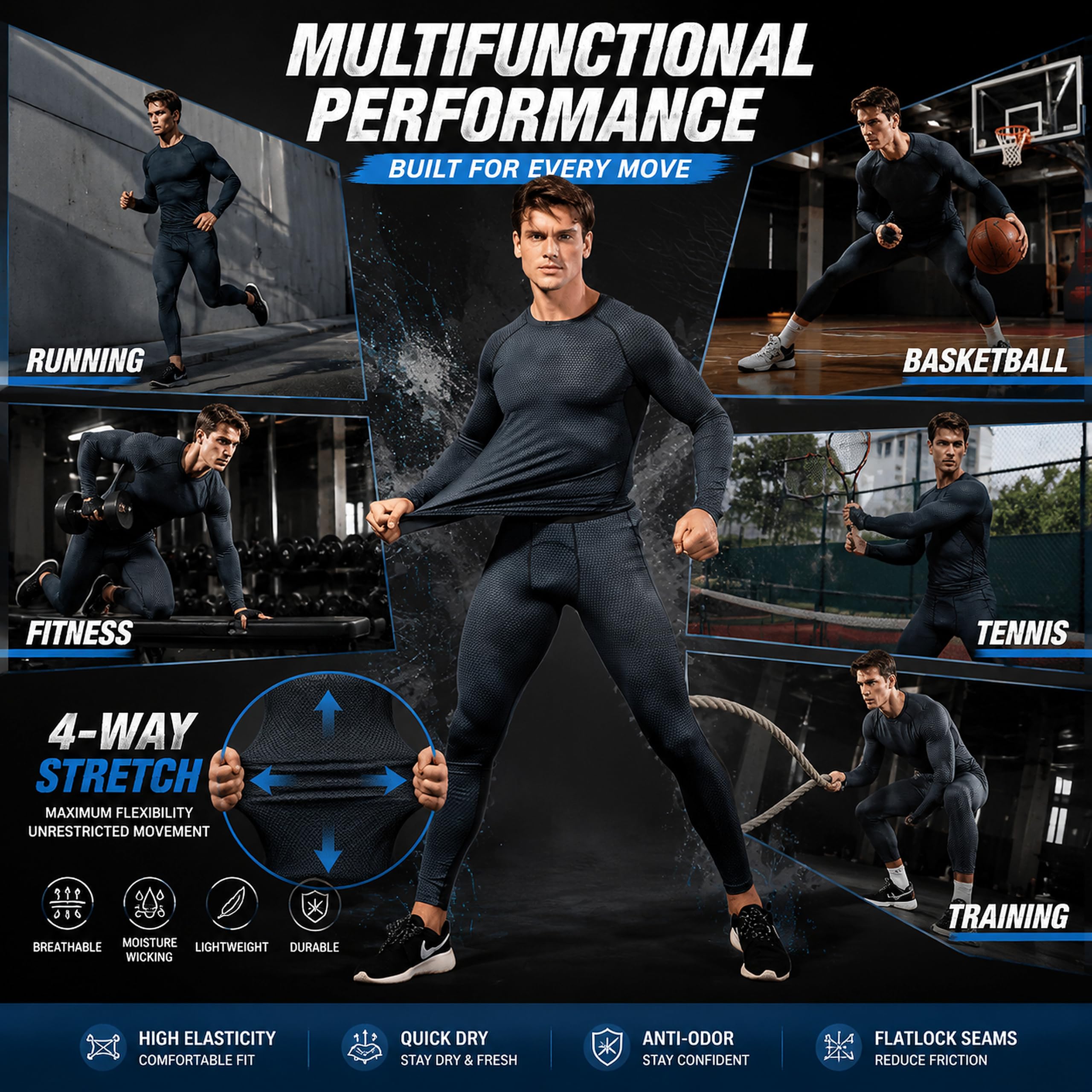 SANANG Pantalons de Compression pour Hommes Cool Dry Baselayer Sports Fitness Leggings serrés 3 Pack