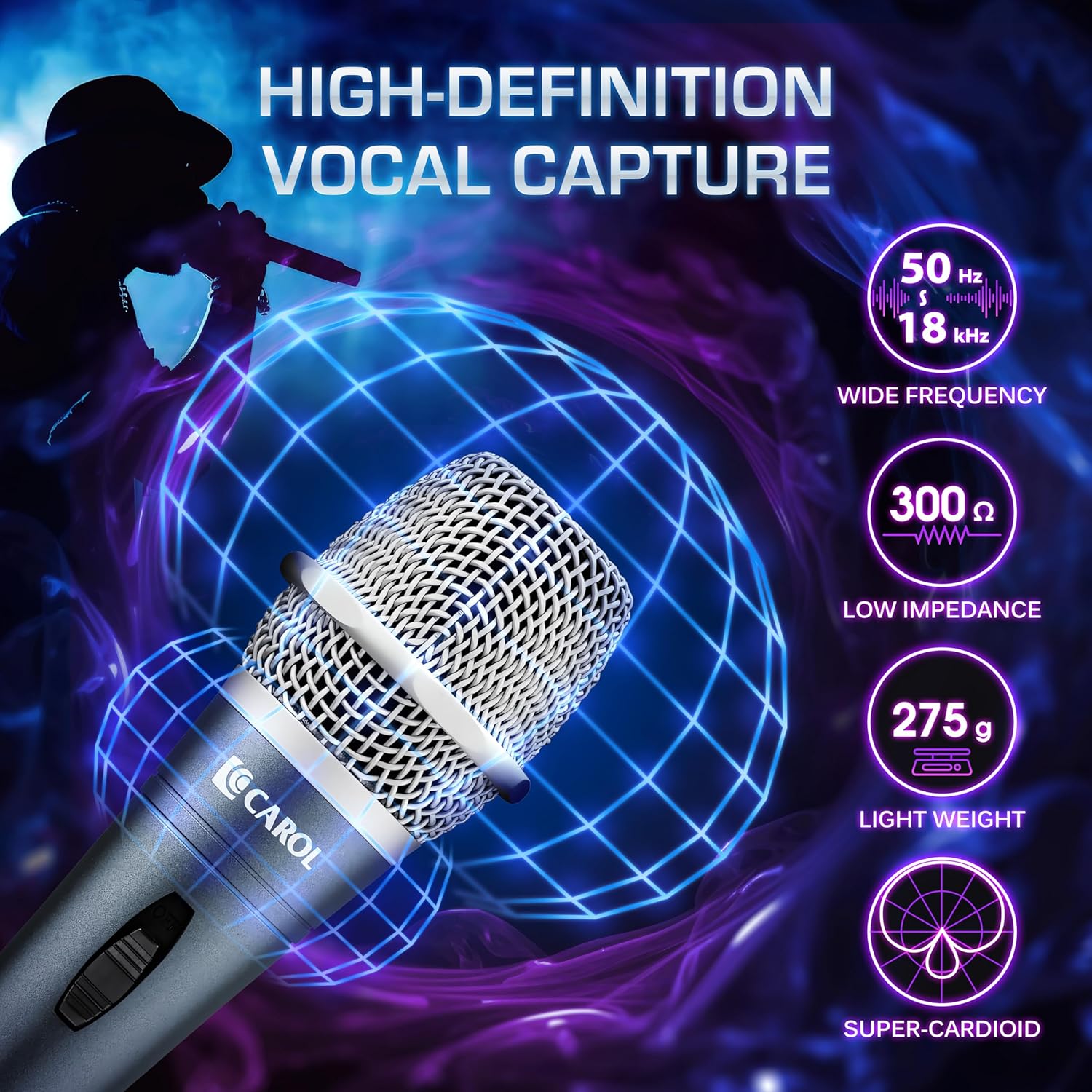CAROL E dur-916S Silver XLR Wired Vocal Microphone for Singing – Dynamic Supercardioid Mic with Dual Shock Mount System for Karaoke & Public Speaking, Includes Mic Clip, 14.8ft XLR Cable & Switch