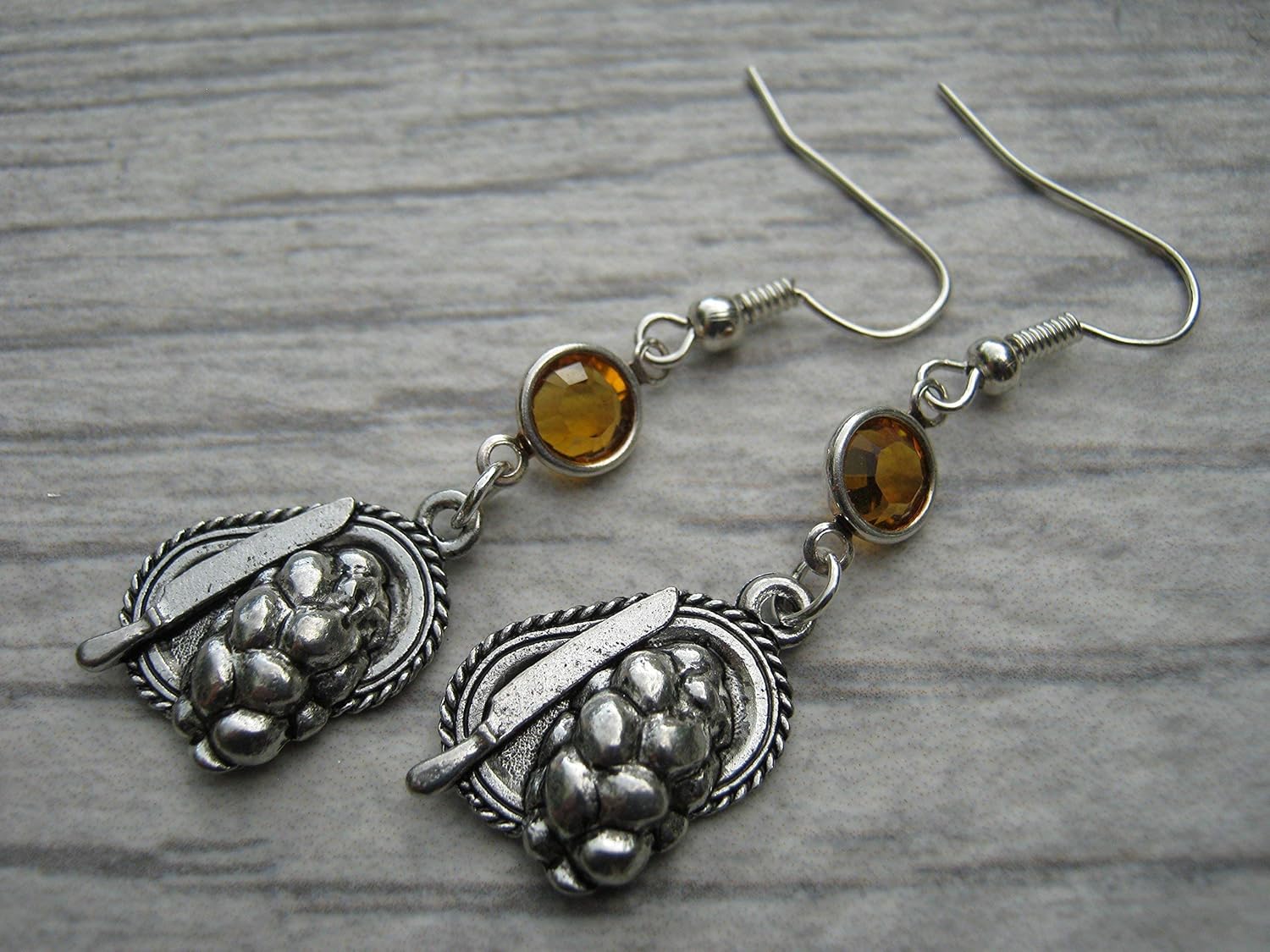 Challah Birthstone Earrings, .925 Sterling Silver Plated Personalized Hannukah Earrings, Jewish Shabbat Jewelry, Foodie Bread Plate