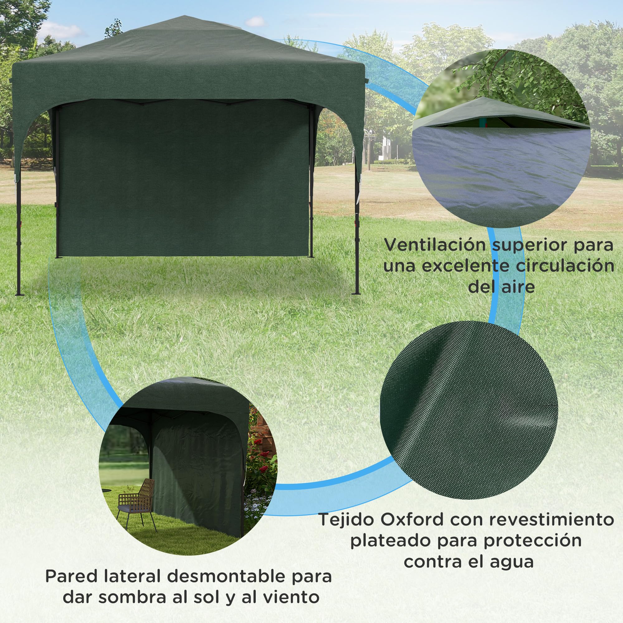 Outsunny Carpa Plegable 3x3 m Cenador de Jardín con Altura Ajustable 1 Pared Lateral Impermeable 4 Bolsas de Arena y Bolsa de Transporte Gazebo para Exterior Patio Fiestas Verde