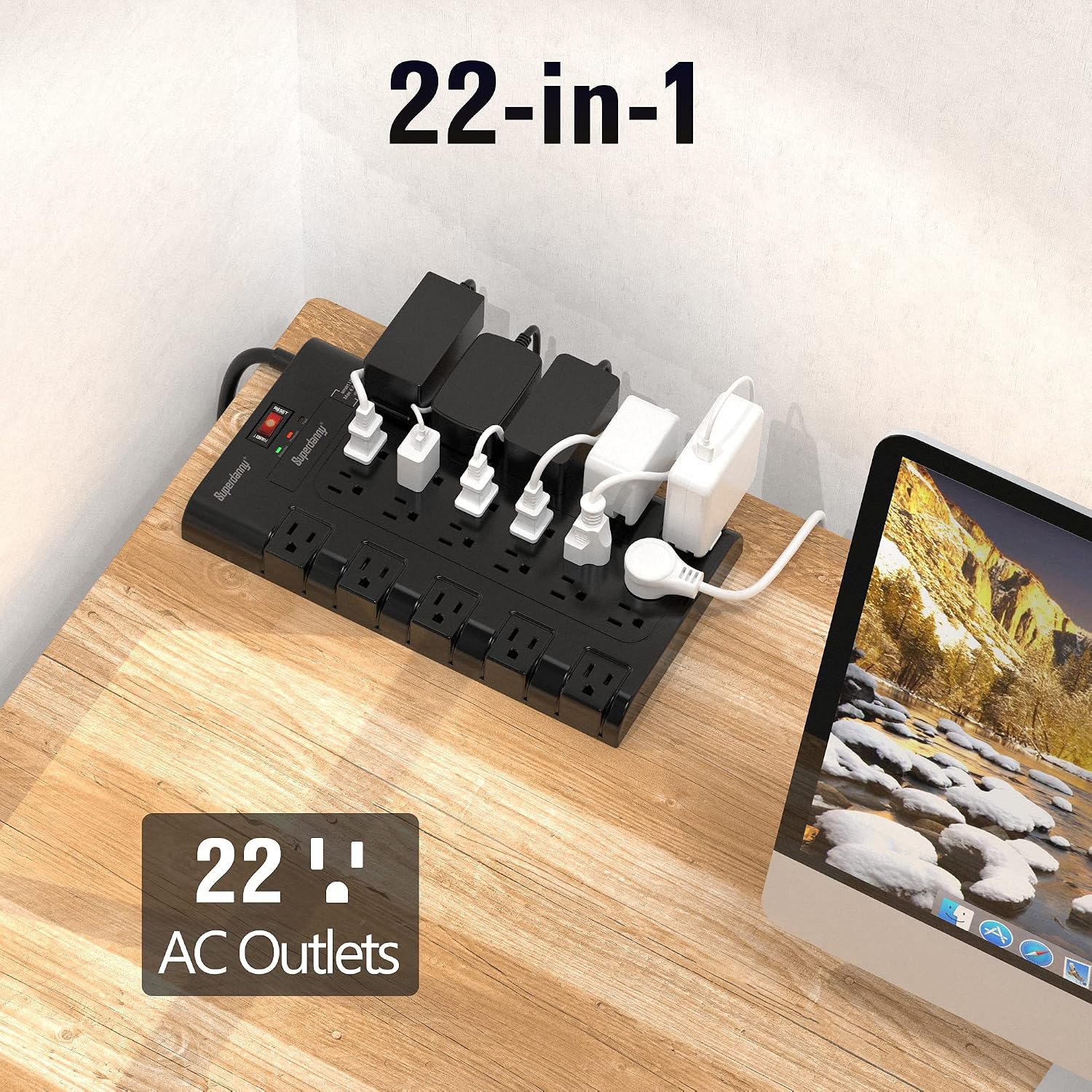 Power Strip Surge Protector, SUPERDANNY 22 AC Multiple Outlets, 2100 Joules, 1875W/15A, 6.5Ft Flat Plug Heavy Duty Extension Cord for Home, Office, Dorm, Gaming Room, Black