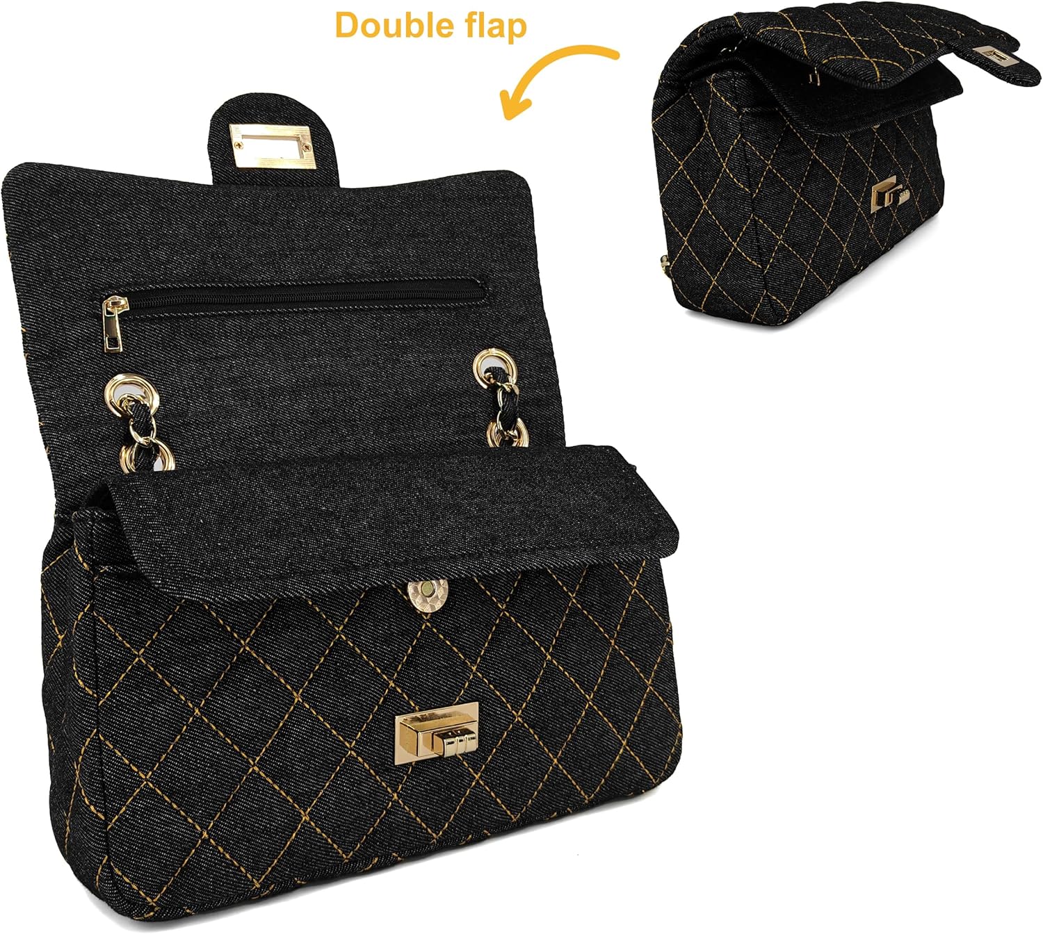 Quilted Denim Crossbody Bags for Women, Chain Strap Shoulder Bags, Medium Double Flap Purse, Gold Hardware Jean Purse - Image 4