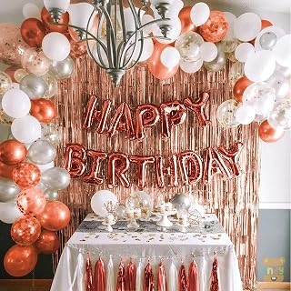 Just Party Set of 60 Pcs Happy Birthday Decoration Kit Combo - Rosegold Happy Birthday Letters , Rose Gold Curtains , White Rose Gold & Silver Metallic Foil Balloons Theme Backdrop