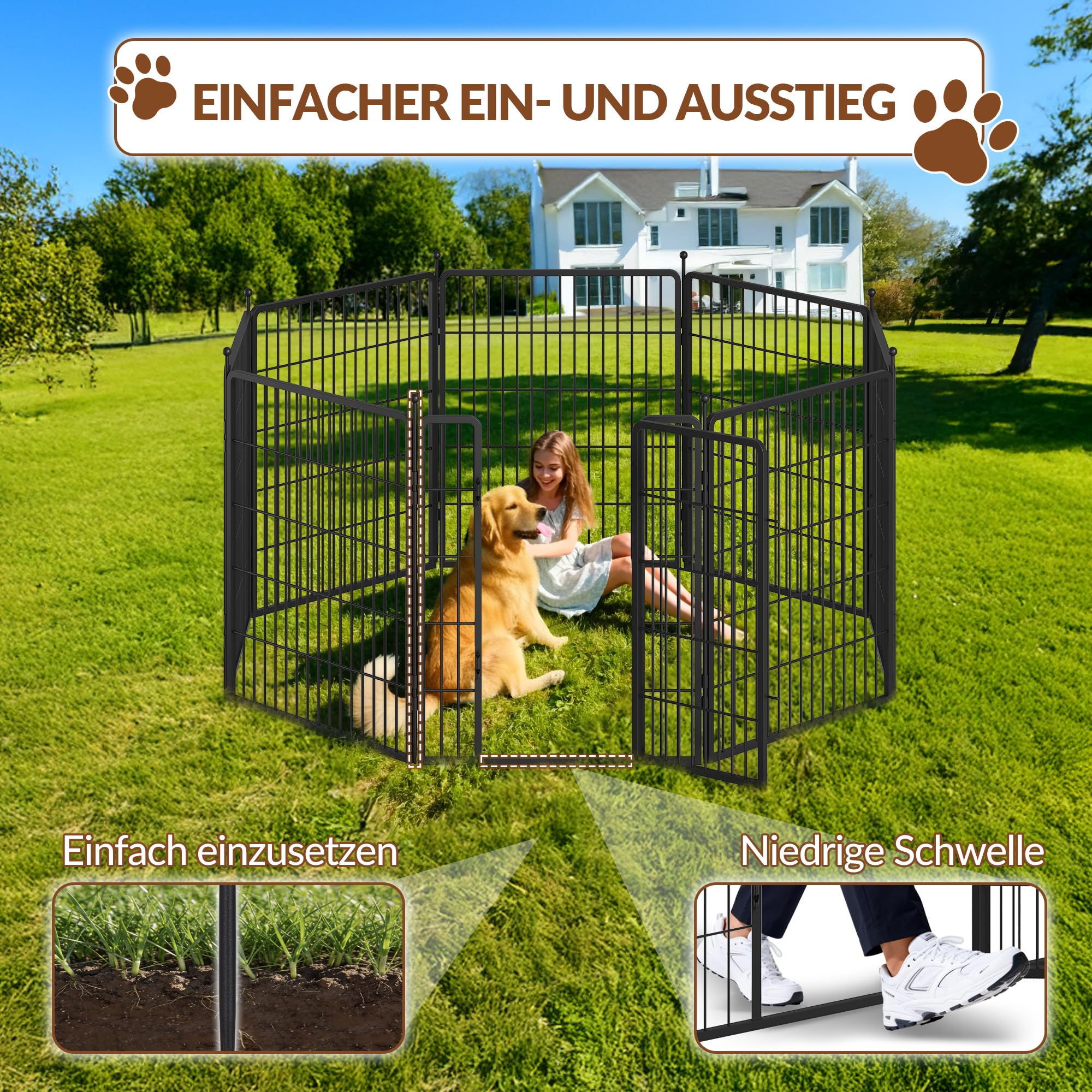 Welpenauslauf, Metall Welpenlaufstall, 100 cm Hoch, Faltbares Freilaufgehege mit Tür, für Innen und Außen, Tierlaufstall, Laufstall DIY, 8 Gitterplatten mit 2 Türschlössern, Schwarz