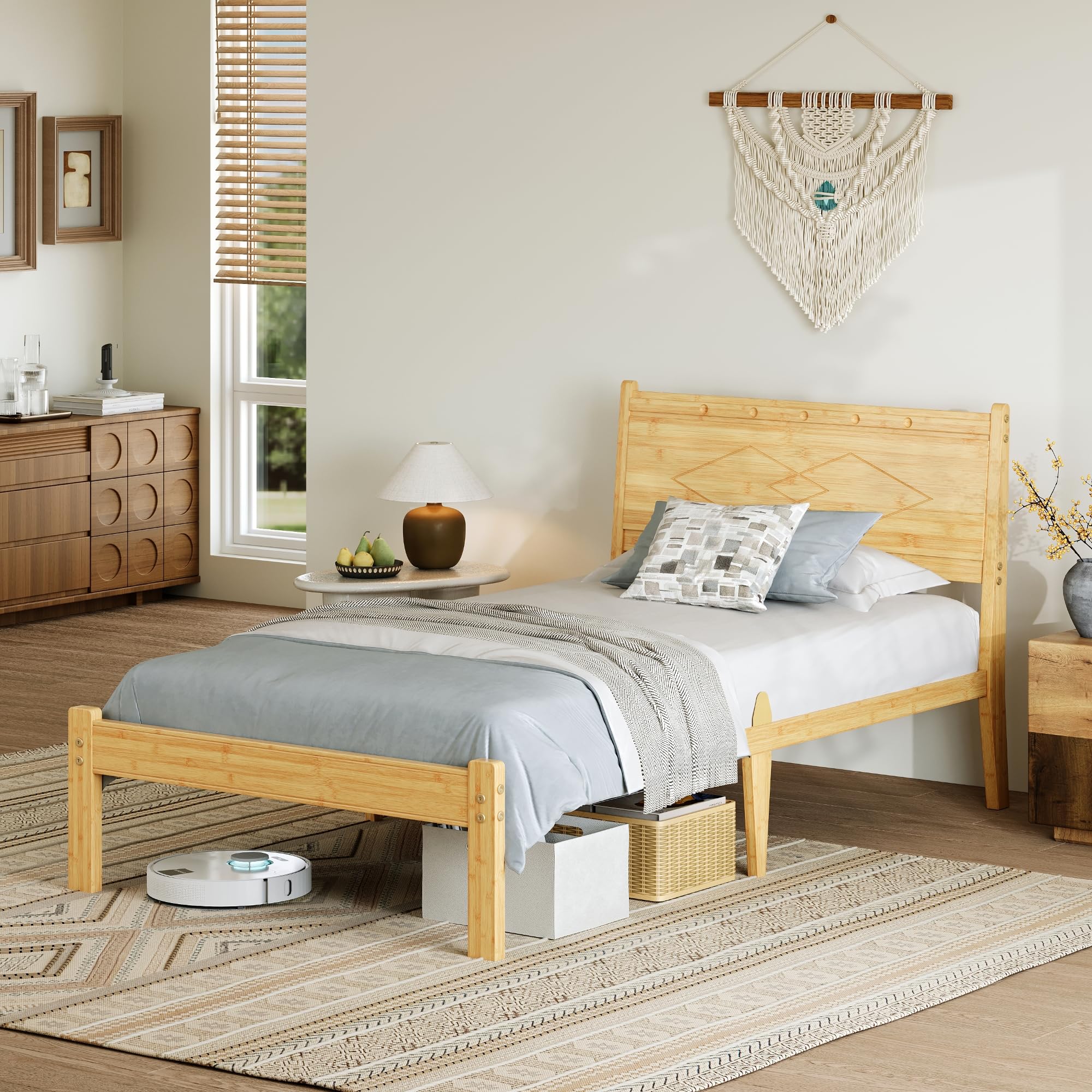 Hunlostten Single Wooden Bed Frame with Headboard - Bamboo Wood Bed Frames with Metal Slats Support and Underbed Storage, Easy Assembly, Noise Free, Solid, 35.5 cm High