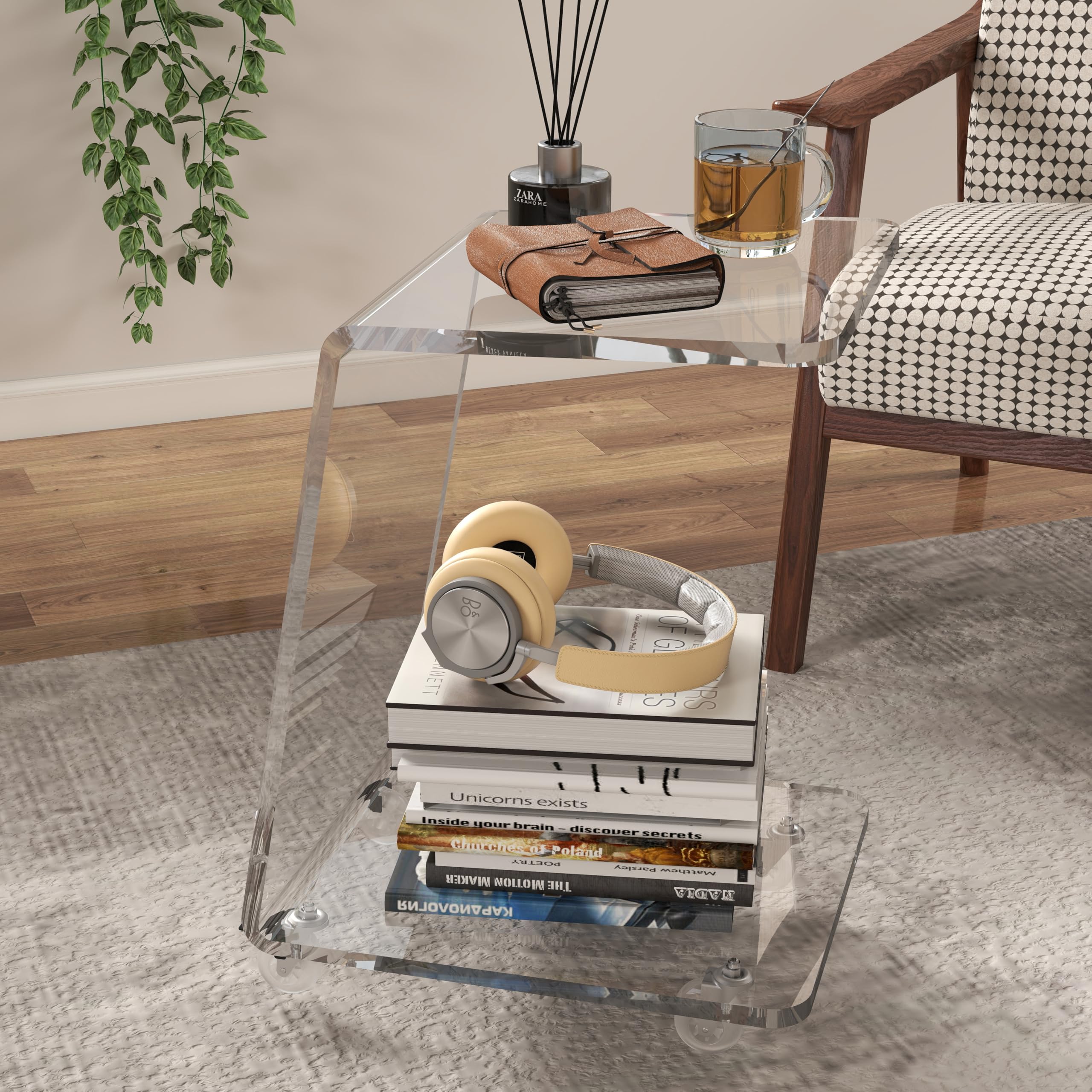 C Shaped Side Table for Sofa Heavy Clear Acrylic Mobile End Table on Wheels Modern Rolling Snack Drink
