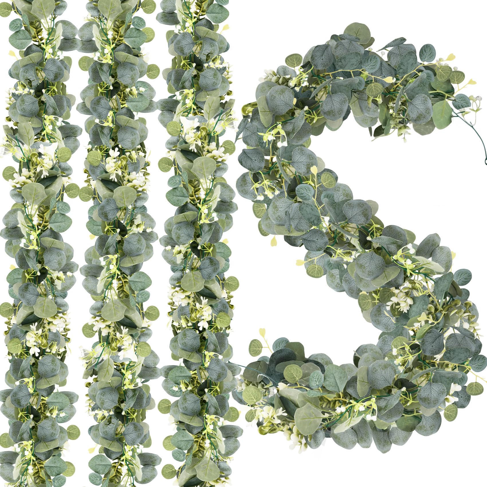 ADORAMOUR Artificial Eucalyptus Garlands - 4Pcs 180cm Length - Lush Fake Hanging Greenery Vines with White Flowers, Wedding Arch Wall Decor Bedroom Living Room Indoor Outdoor Home Decoration