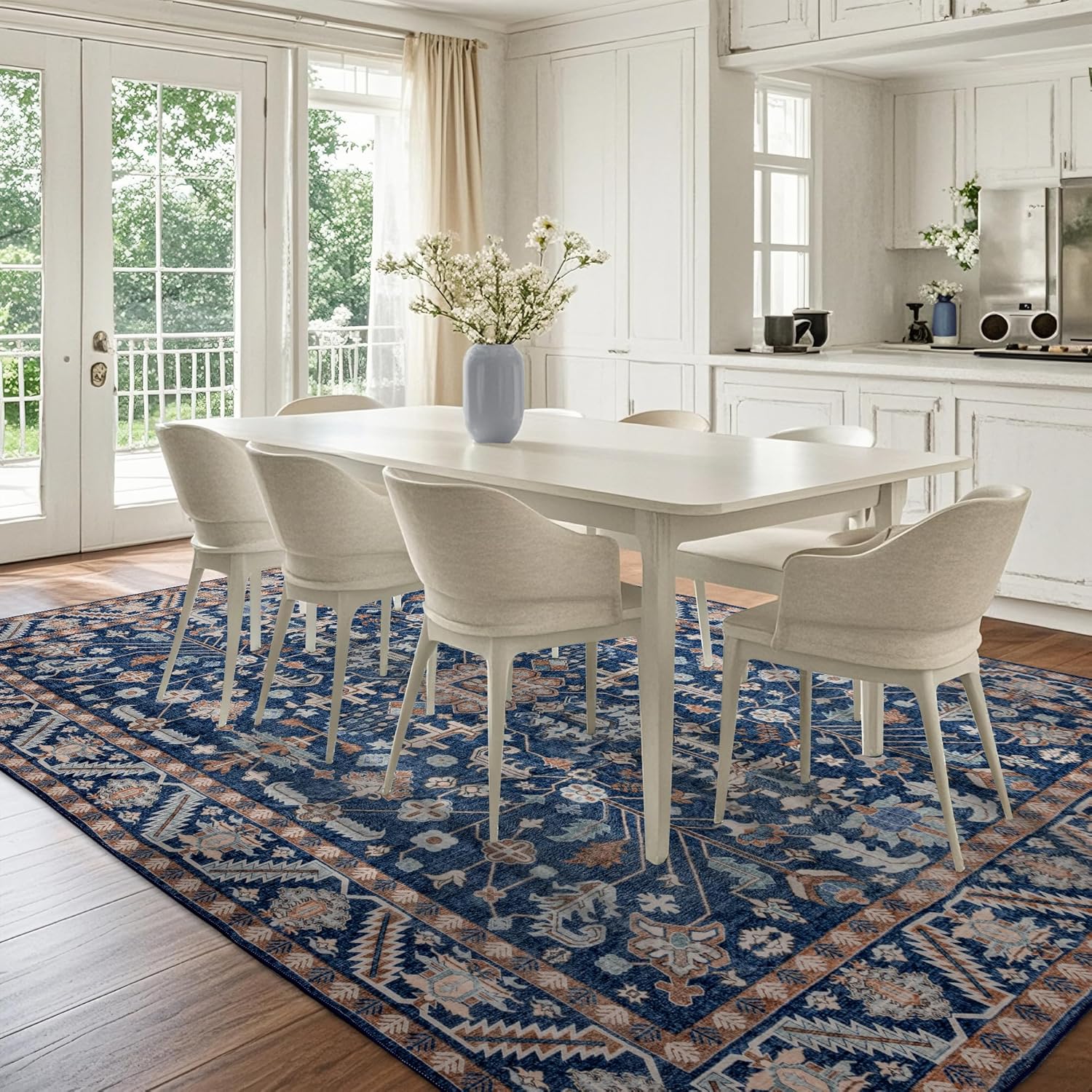 8x10 Area Rugs Washable: Oriental Soft Area Rug for Bedroom Living Room No Shedding - Low Pile Thin Carpet for Dining Room Non Slip - Boho Vintage Home Decor - Navy Blue