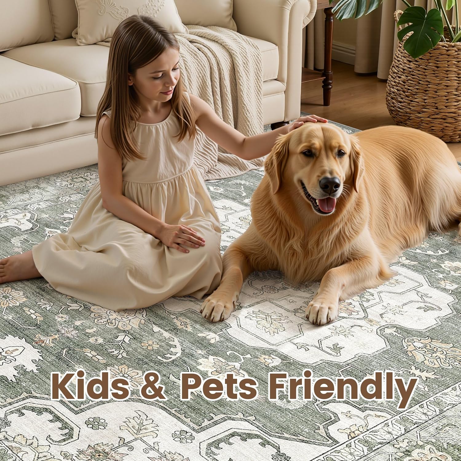 Washable Area Rug 5x7, Rugs for Living Room Vintage Carpet Farmhouse 5x7 Rugs for Bedroom Dining Room Non-Slip Stain Resistant Area Rug - Green