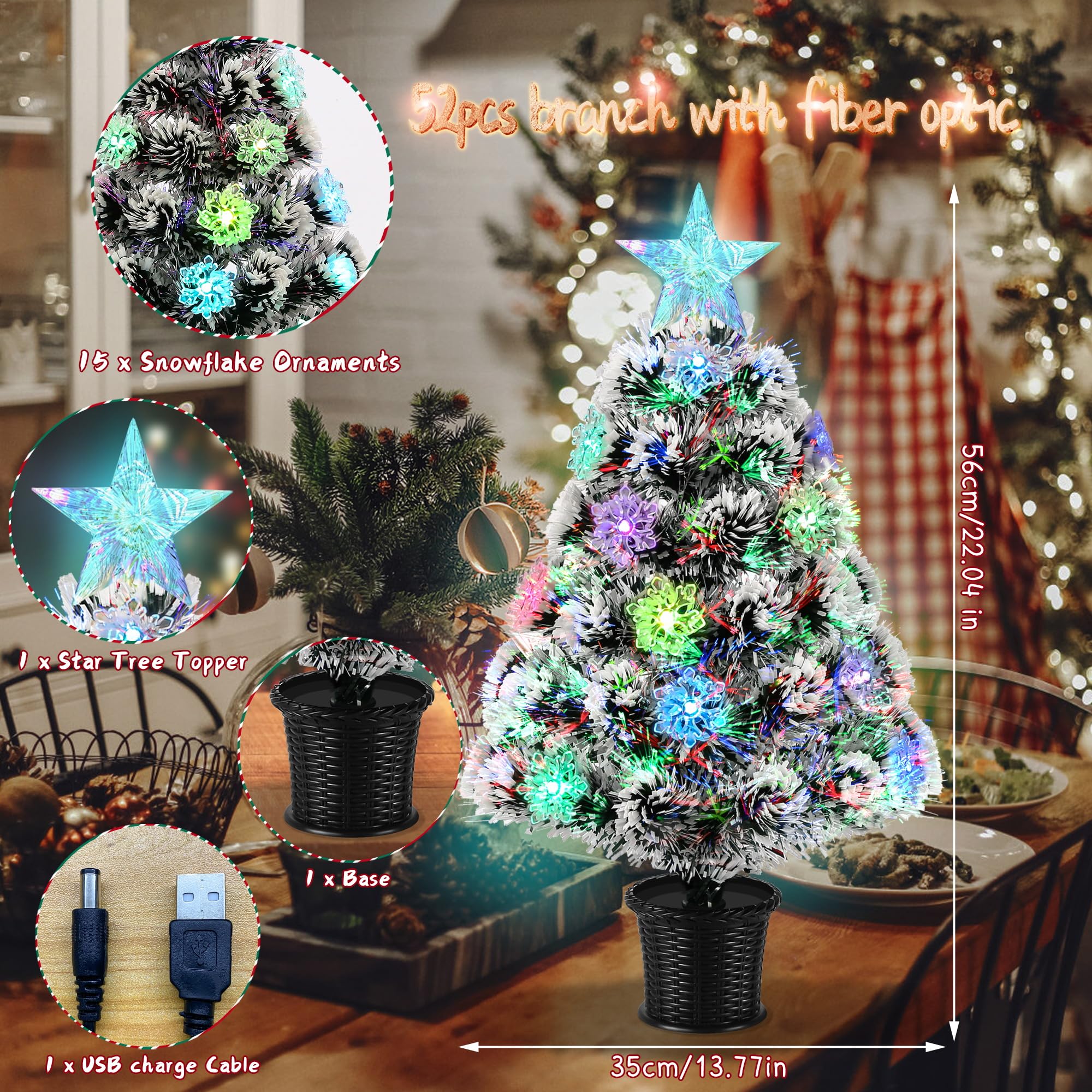 Small Fiber Optic Christmas Tree Snowflake Lighted, 22inch Pre-Lit Tabletop Christmas Tree Artificial Xmas Tree with Top Star, RGB Lights,Battery/USB Operated for Desktop,Holiday